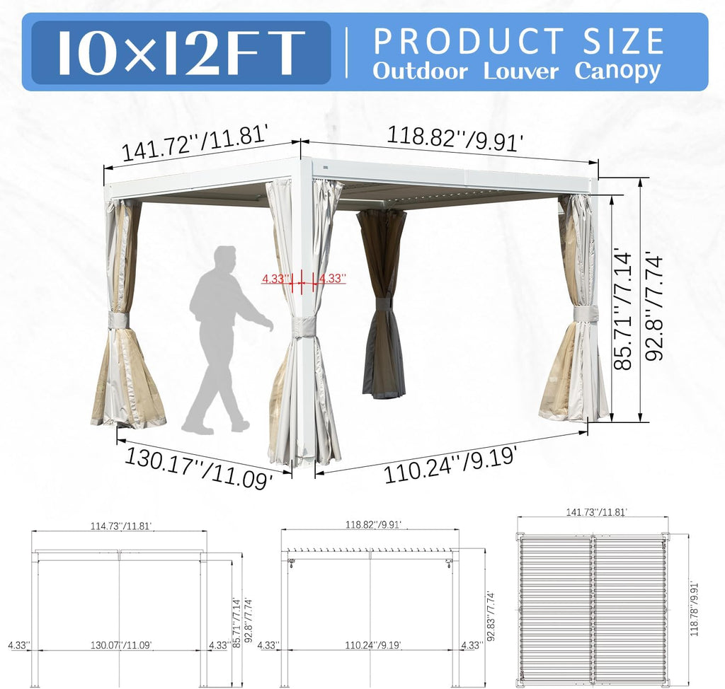 Domi 10' X 12' Louvered Pergola, Metal Aluminum Pergola with Adjustable Roof, Outdoor Pergolas with Curtain, Modern Retractable Hardtop Gazebo for Patio Deck Backyard Garden, White