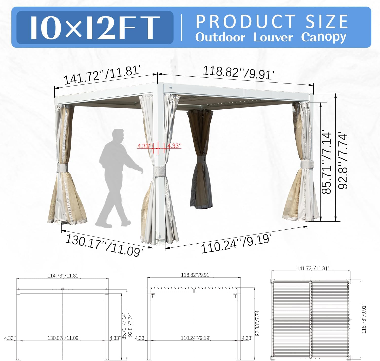 Domi 10' X 12' Louvered Pergola, Metal Aluminum Pergola with Adjustable Roof, Outdoor Pergolas with Curtain, Modern Retractable Hardtop Gazebo for Patio Deck Backyard Garden, White