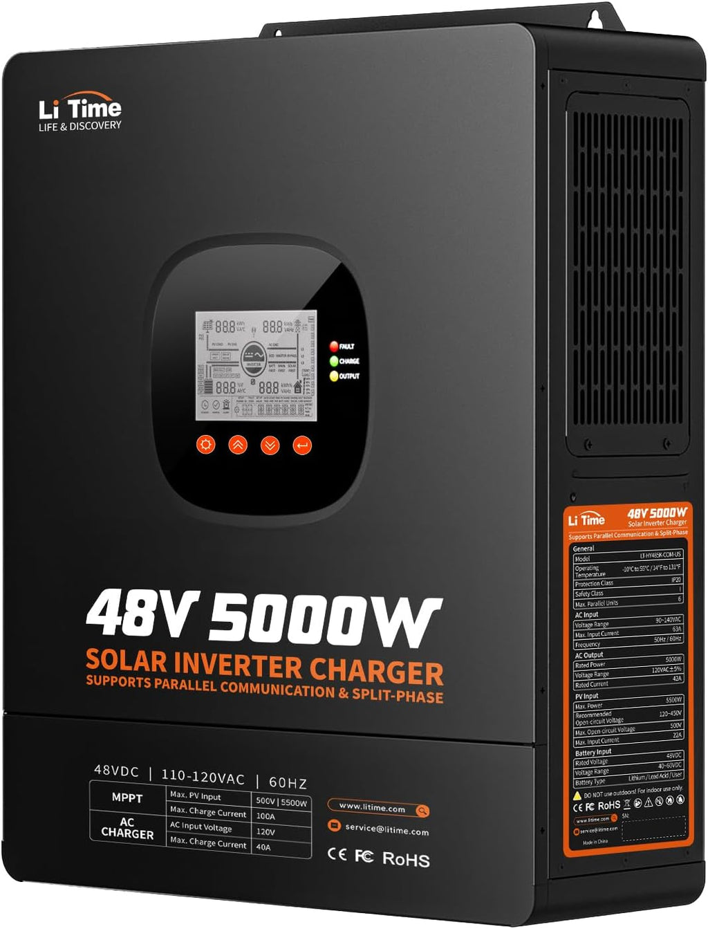 LiTime 5000W Solar Hybrid Inverter Charger, 48V DC to 120V AC Pure Sine Wave Inverter, Parallel Split-Phase for 240V, Built in 100A MPPT Solar Charger Controller for Home Backup, Off-Grid, Farm