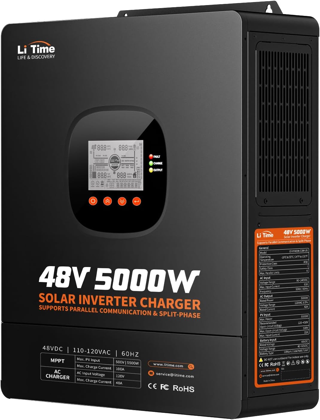 LiTime 5000W Solar Hybrid Inverter Charger, 48V DC to 120V AC Pure Sine Wave Inverter, Parallel Split-Phase for 240V, Built in 100A MPPT Solar Charger Controller for Home Backup, Off-Grid, Farm