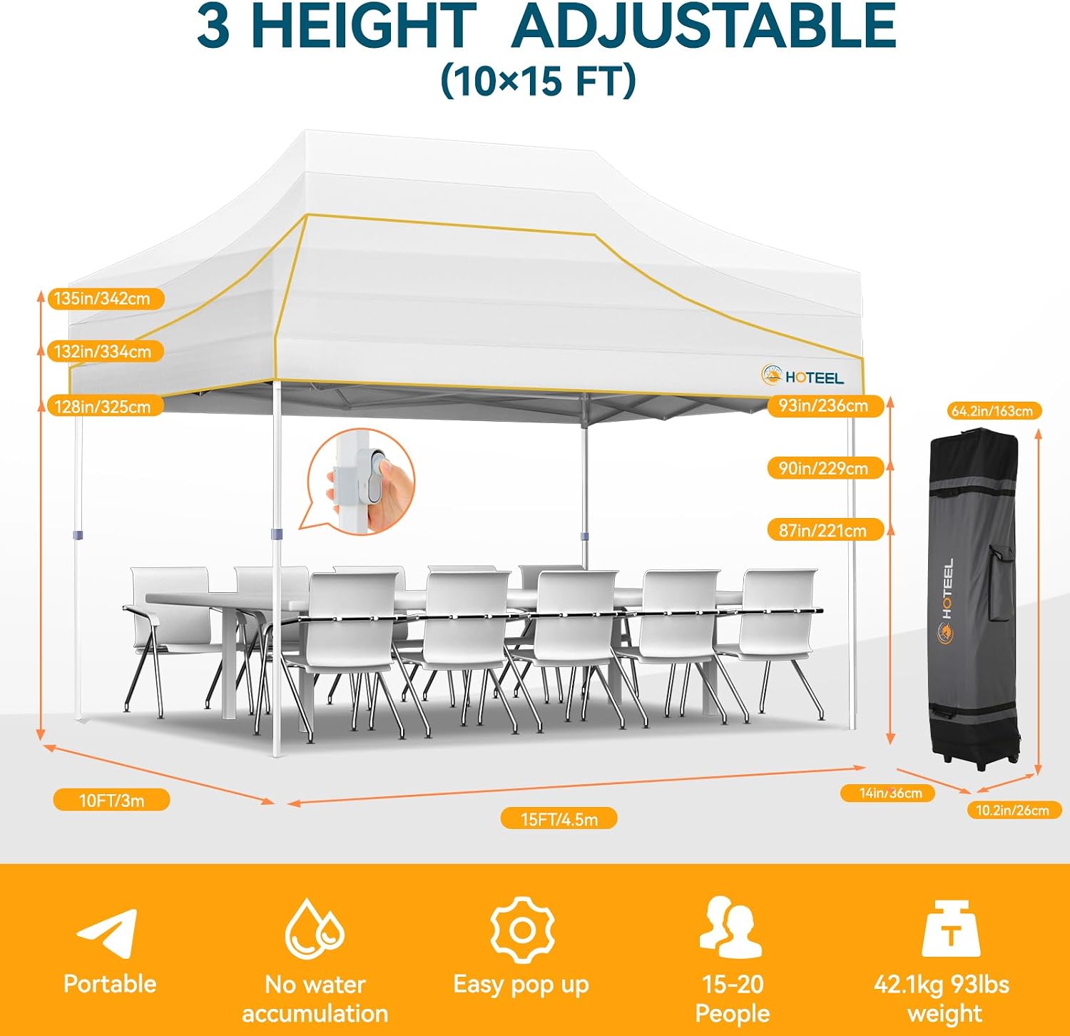 Hoteel 10x15 Pop Up Canopy Tent Heavy Duty with 4 Sidewalls, Waterproof Party Tent, Easy Set-up Commercial Instant Tents with Roller Bag & Sandbags, Hexagonal Leg (1-Year Warranty)