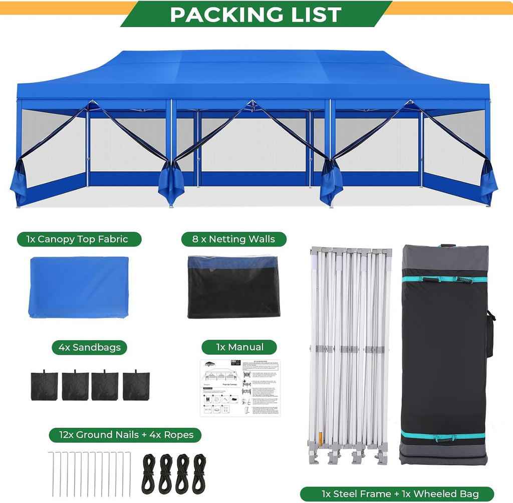 COBIZI 10x30 Heavy Duty Pop Up Canopy with 8 Mosquito Netting Wall, Easy Set Up Commercial Gazebo Party Tent, Outdoor Instant Screen Canopy for Backyard, Patio, Garden, Blue