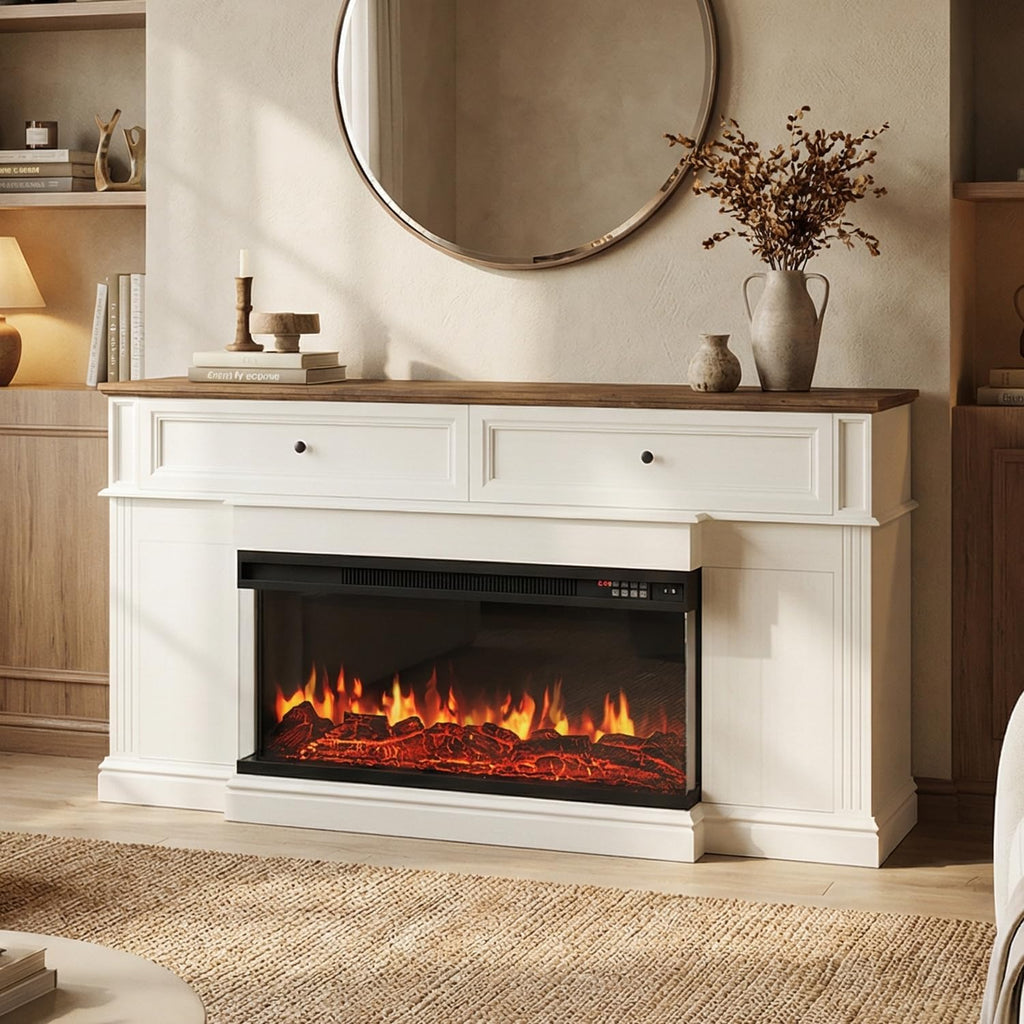 63' Farmhouse TV Stand with Fireplace for TVs up to 70', Media Entertainment Center with Adjustable Shelves, Farmhouse TV Console for Living Room, White & Black
