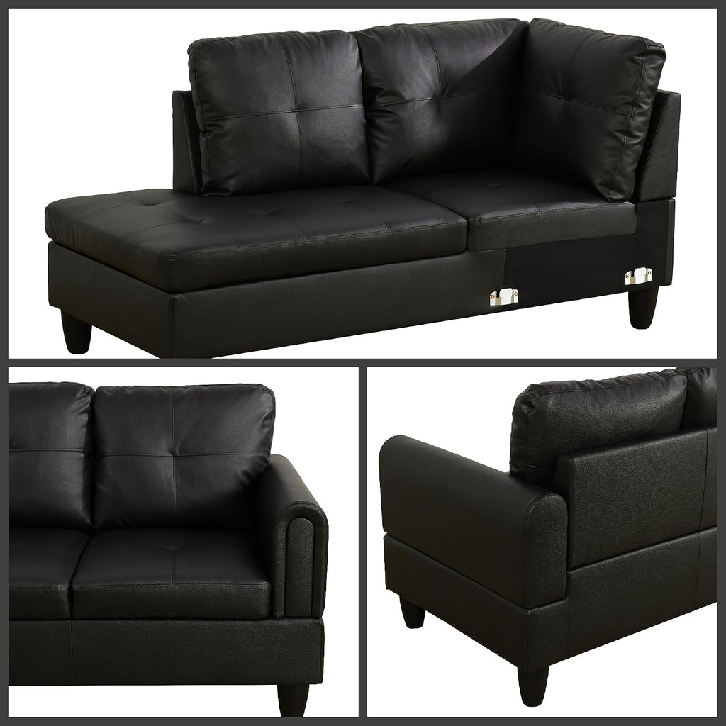 L Shaped Couch Sectional Couches with Chaise, 3 Pieces Modular Convertible Sofa for Living Room Furniture Sets and Small Apartment Faux Leather, Black