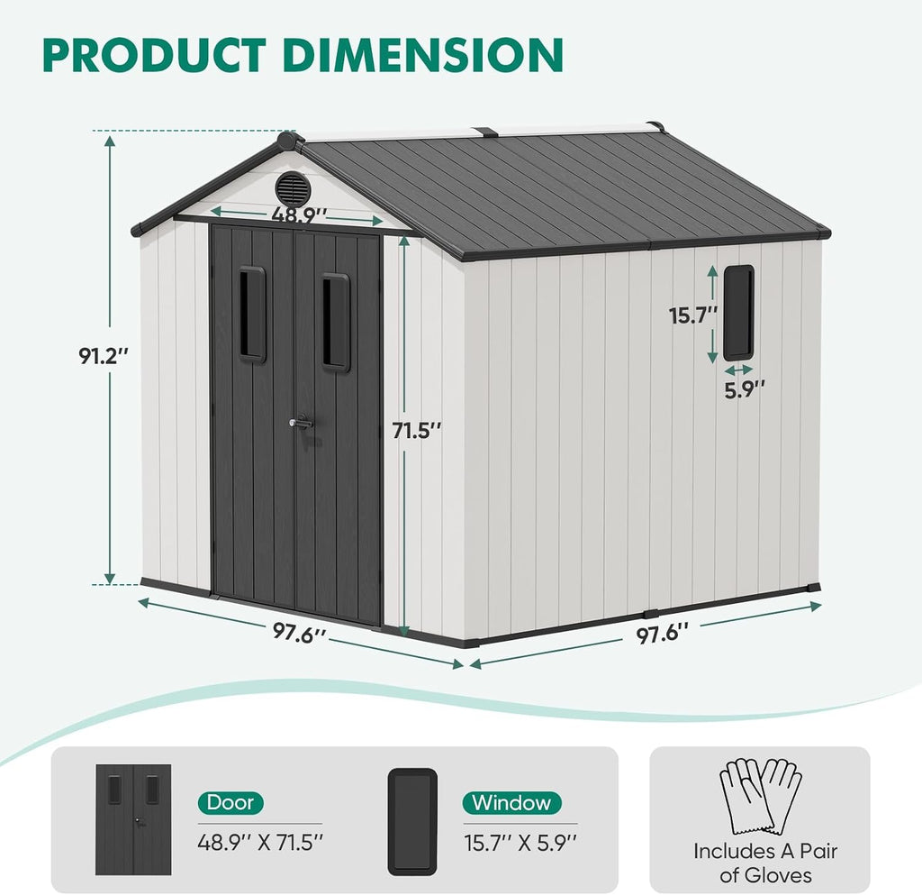8x6 Outdoor Storage Shed with Floor, Heavy Duty Resin Tool Shed, Weather Resistant Garden Storage Building with Windows & Ventilation, White/Gray