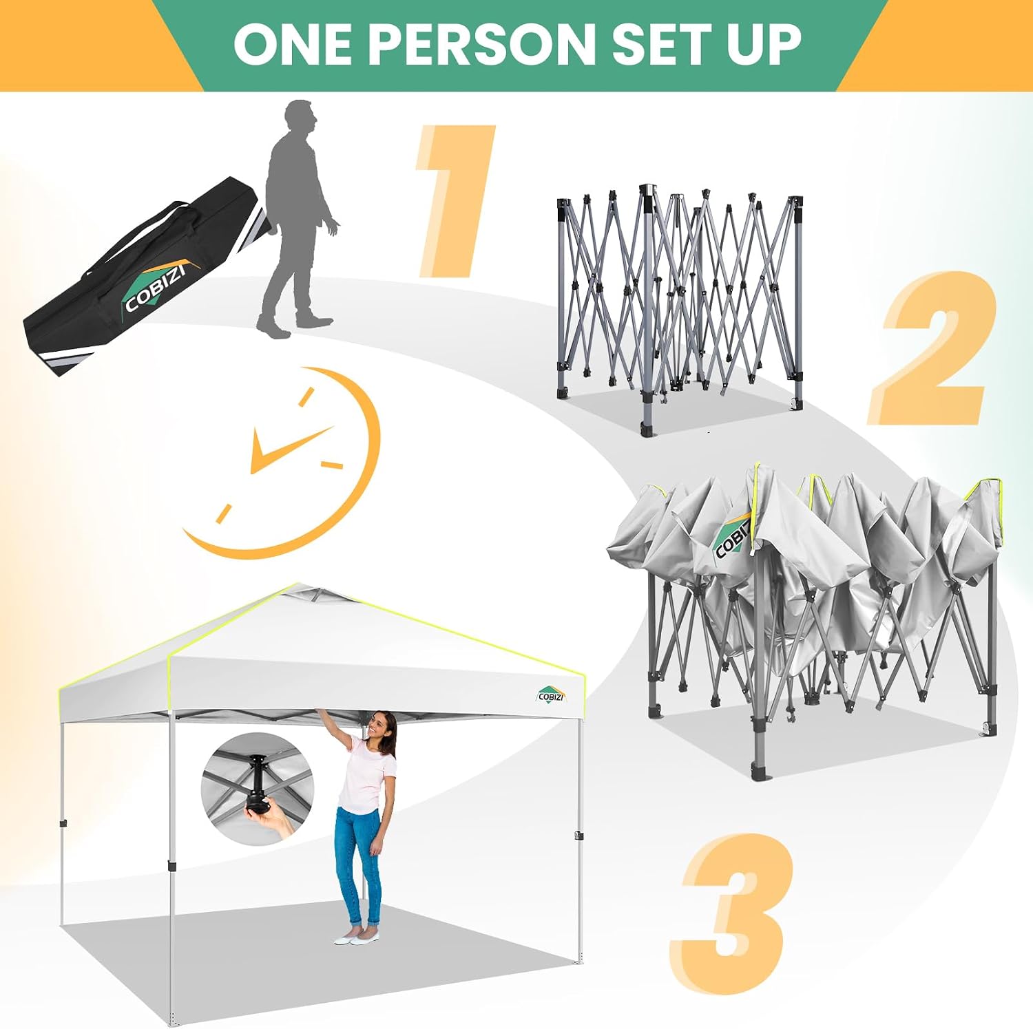 COBIZI 10x10 Pop Up Canopy Tent, Outdoor Party Tent Without Sidewall One Push Setup Glow, 3 Adjustable Height Air Vent Waterproof UPF50+, Bag, 4 Sandbag, 8 Stake, 4 Rope for Beach, Commercial