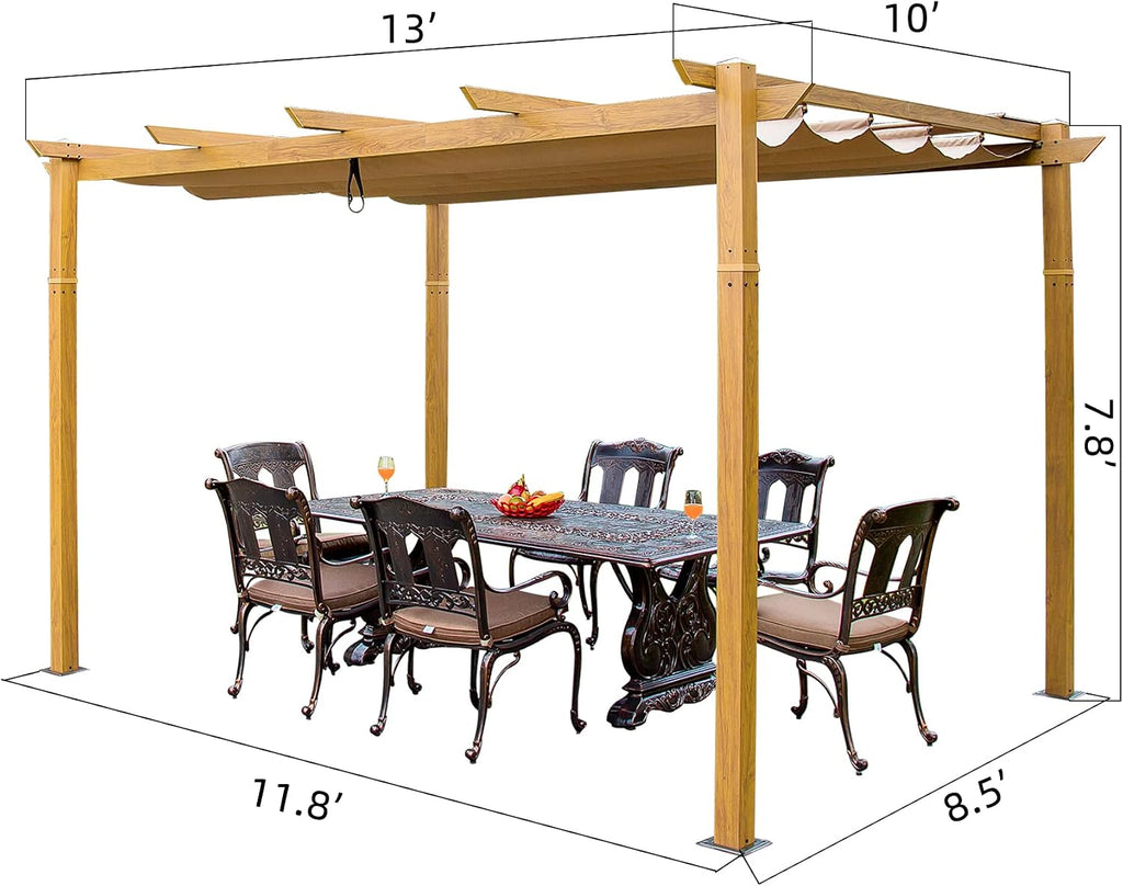 Domi 10x13ft Outdoor Retractable Pergola with Sun Shade Canopy, Pergolas and Gazebos Clearance, Patio Metal Canopy for Deck, Garden, Backyard (Wood Looking)