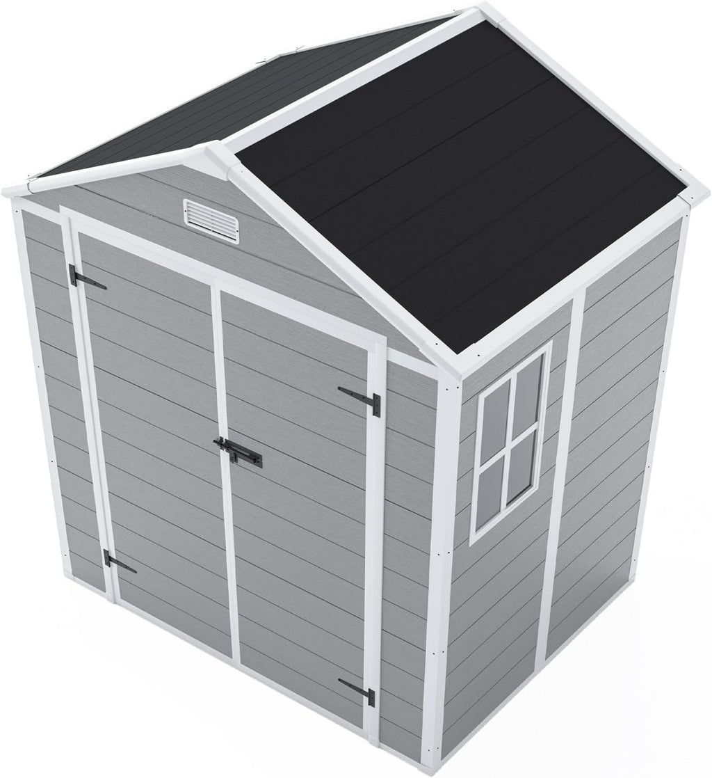 YOPTO 6x5 FT Resin Storage Shed,Garden House with Floor & Lockable Door,Waterproof Plastic Tool Sheds W/Slanting Roof Visual Window & Air Vents for Bicycles,Lawnmowers,Lawn,All Weather Use,Gray