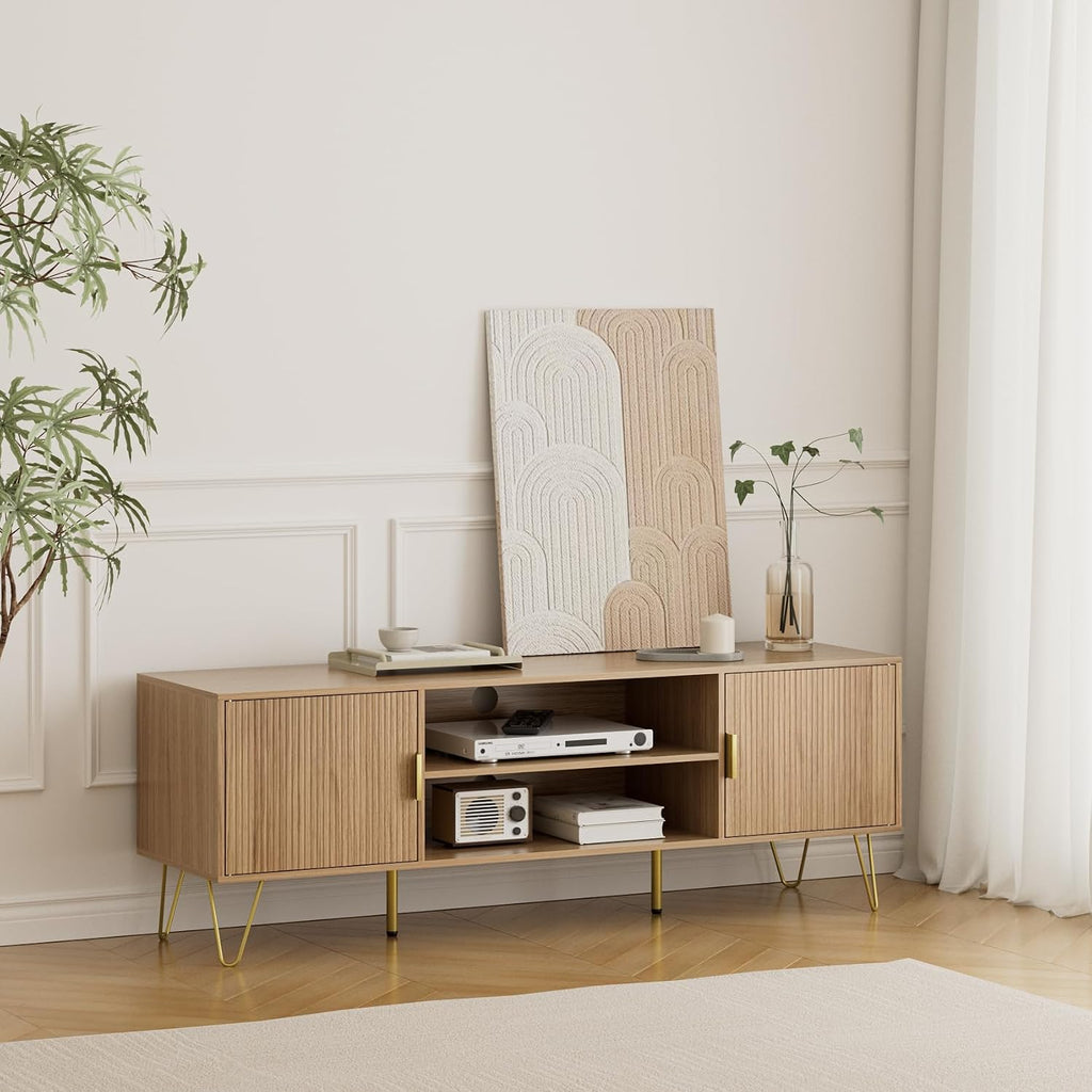 TV Stand for 55-65 Inch TV, Entertainment Center with Soft Hinge Door,TV Console Table with 2 Cabinets with Gold Handle and Feet,for Living Room, Bedroom, Oak