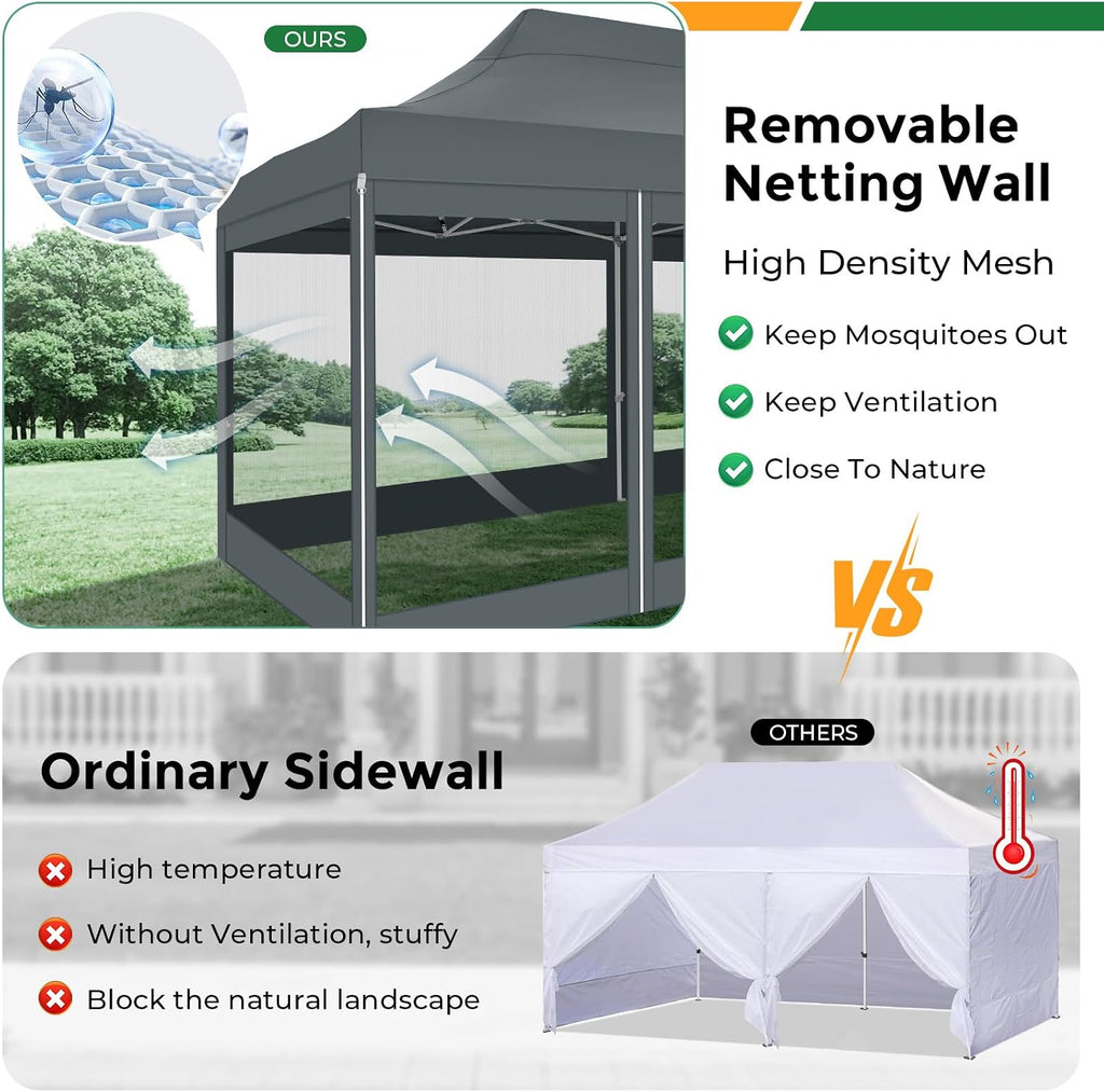 COBIZI 10x20 Heavy Duty Pop Up Canopy Tent with 6 Sidewalls, Easy Set Up Outdoor Waterproof Screen Commercial Party Tent with Mosquito Netting for Parties Backyard Patio, Roller Bag, Gray