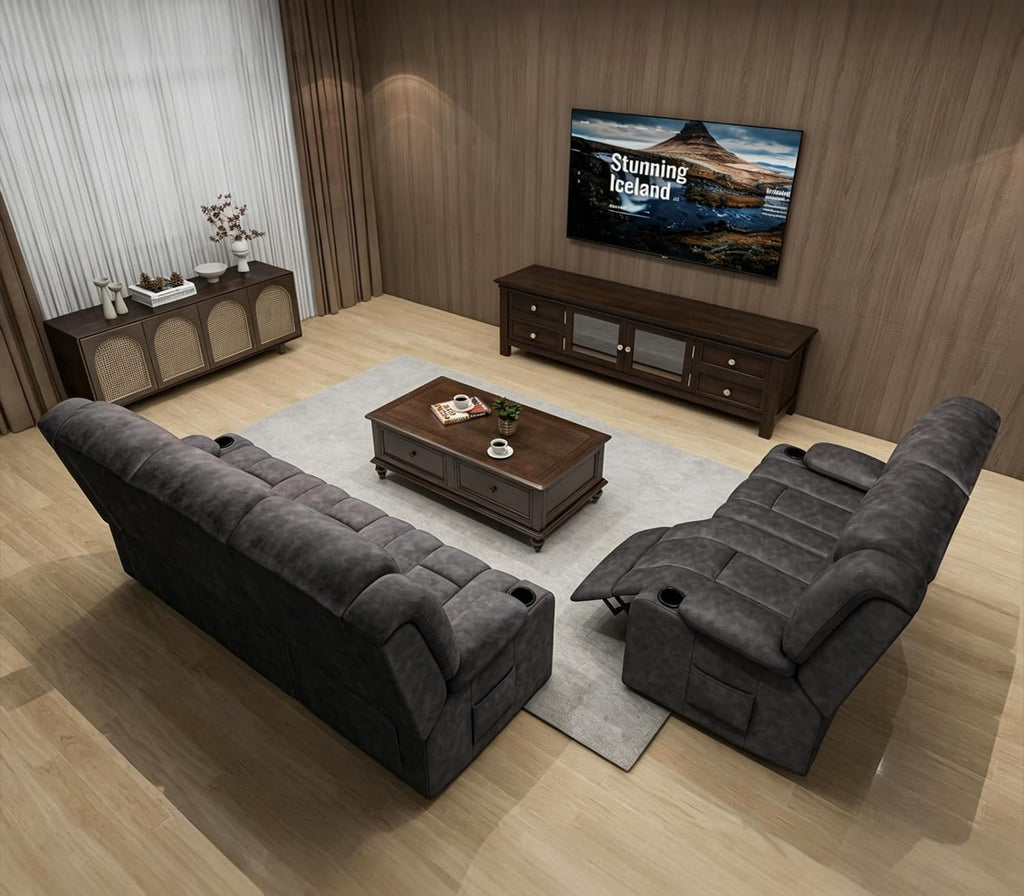 COMHOMA Living Room Furniture Sets Manual Recliner Sofa Set, Fabric Reclining Couch,Included Loveseat and 3 Seat Manual Recliner Sofa,Dark Gray(Sofa+Loveseat)