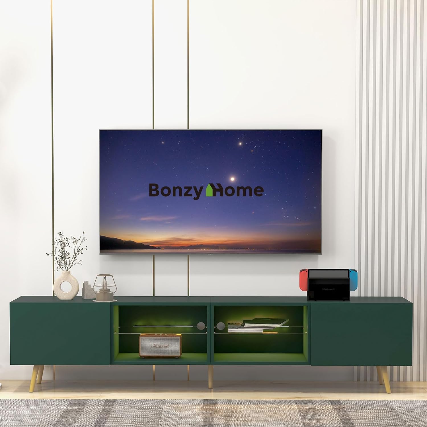 Bonzy Home 86' LED TV Stand, Modern Entertainment Center up to 90' TV, Television Console Table with Storage Cabinets for Living Room, Dark Green