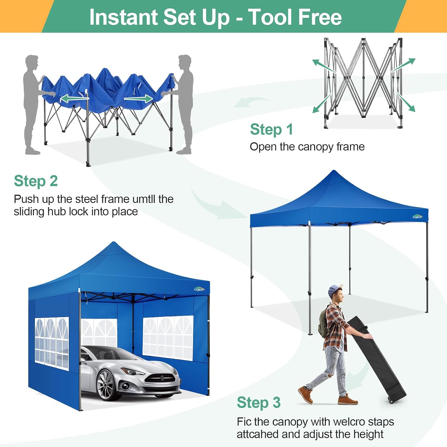 COBIZI 10x10 Pop Up Canopy with Sidewalls Heavy Duty Party Tent with Removable Awning Easy Up Outdoor Canopy Wedding, All Season Windproof&Waterproof with Roller Bag UPF 50+, Blue