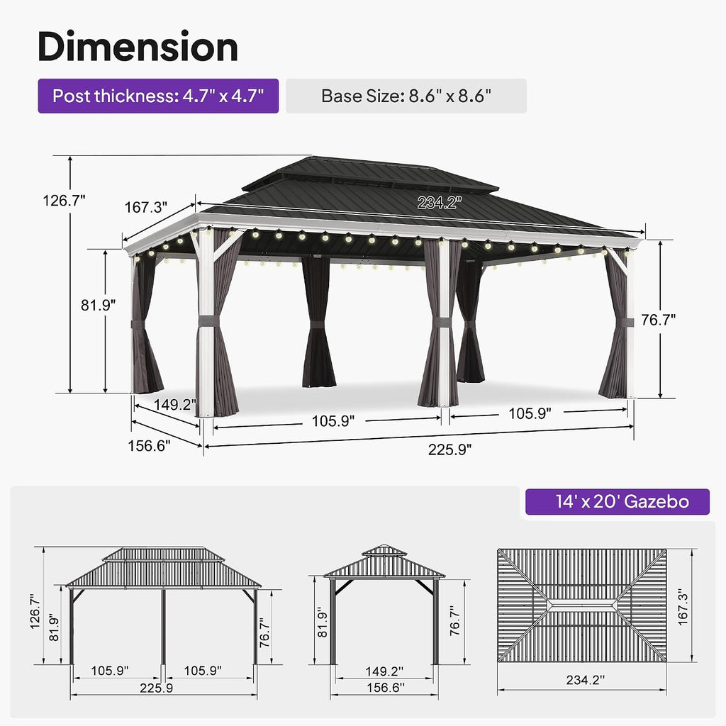 PURPLE LEAF 14' X 20' Outdoor Gazebo with Double Galvanized Steel Hardtop Double Roof Awning and Upgrade Curtain for Patio Lawn and Garden, Grey