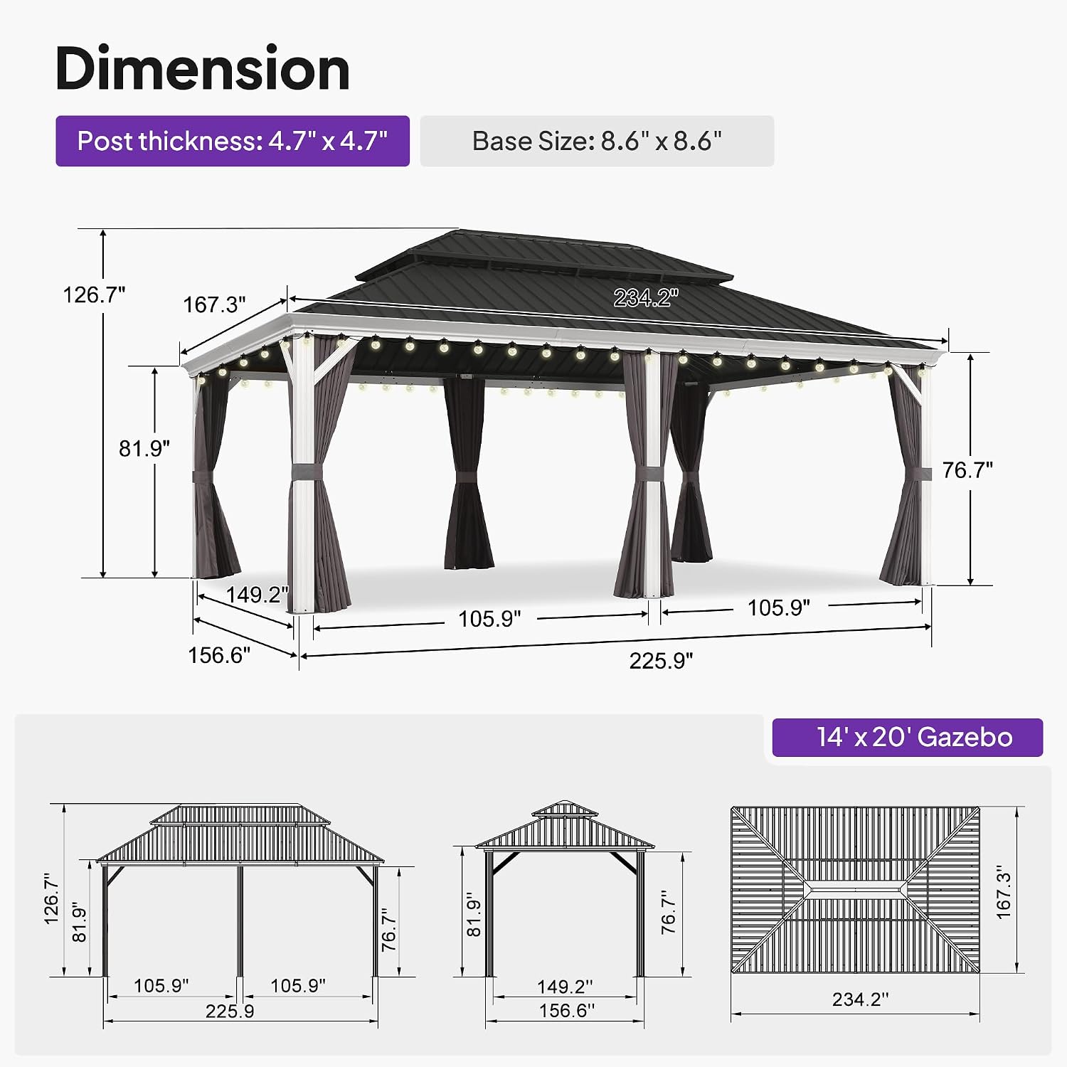 PURPLE LEAF 14' X 20' Outdoor Gazebo with Double Galvanized Steel Hardtop Double Roof Awning and Upgrade Curtain for Patio Lawn and Garden, Grey