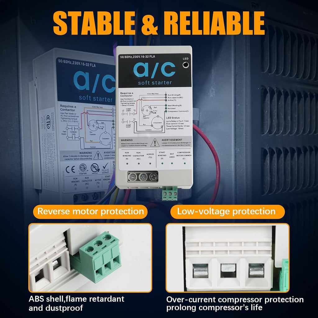 16-32A Soft Start Module for 4-7 Ton Residential HVAC Air Conditioners, Reverse Motor Protection, AC Soft Start Kit Replace for Generator System