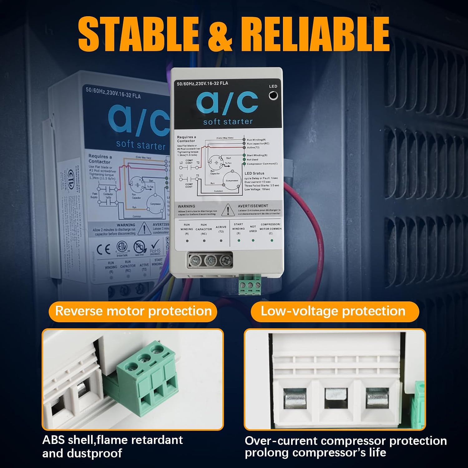 16-32A Soft Start Module for 4-7 Ton Residential HVAC Air Conditioners, Reverse Motor Protection, AC Soft Start Kit Replace for Generator System