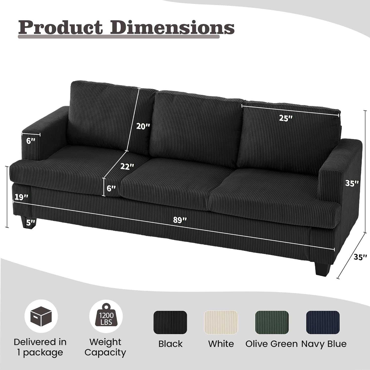 Apicizon Loveseat & 3 Seater Sofa Sets, 89' Couch Sofa Set for Living Room Furniture, 2 Piece Modern Sleeper Sofa with Deep Seat Cloud Couch for Apartment Lounge, Black Corduroy