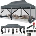 COBIZI 10x20 Heavy Duty Pop Up Canopy Tent with 6 Sidewalls, Easy Set Up Outdoor Waterproof Screen Commercial Party Tent with Mosquito Netting for Parties Backyard Patio, Roller Bag, Gray