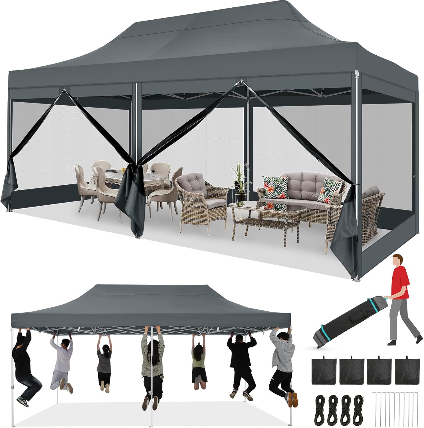COBIZI 10x20 Heavy Duty Pop Up Canopy Tent with 6 Sidewalls, Easy Set Up Outdoor Waterproof Screen Commercial Party Tent with Mosquito Netting for Parties Backyard Patio, Roller Bag, Gray