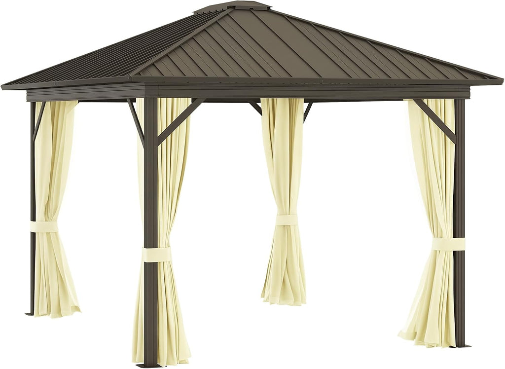 Outsunny 10' x 12' Hardtop Gazebo with Curtains and Netting, Permanent Pavilion Metal Single Roof Gazebo Canopy with Aluminum Frame and Hooks, for Garden, Patio, Backyard, Cream White