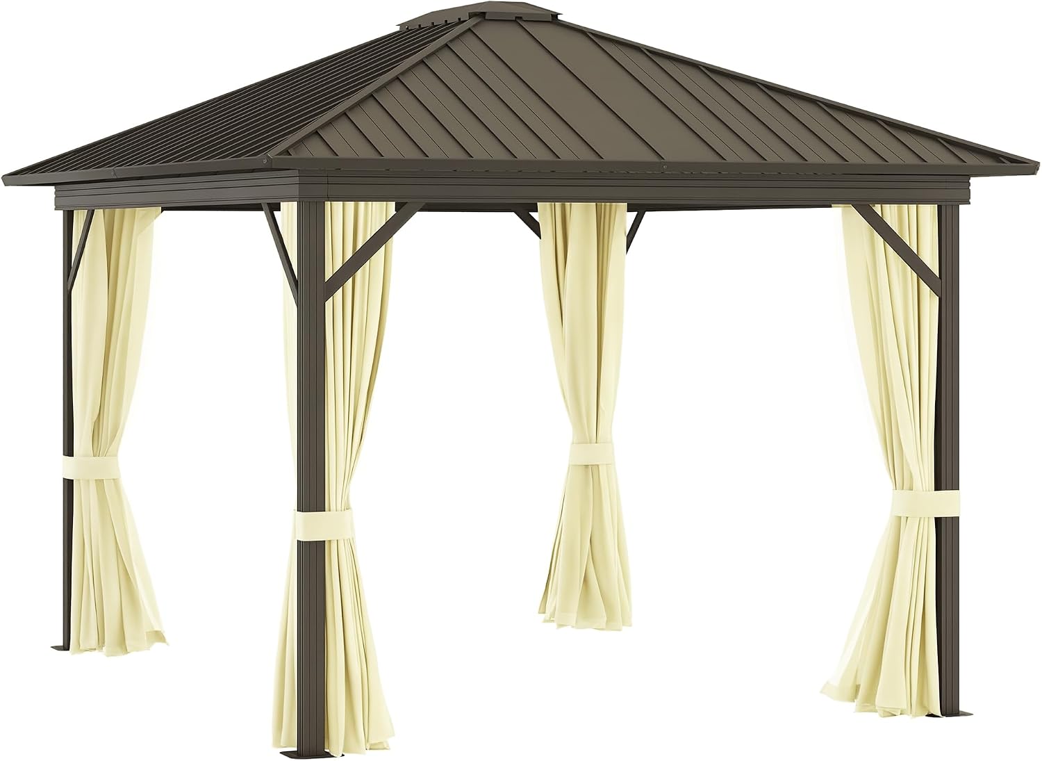 Outsunny 10' x 12' Hardtop Gazebo with Curtains and Netting, Permanent Pavilion Metal Single Roof Gazebo Canopy with Aluminum Frame and Hooks, for Garden, Patio, Backyard, Cream White