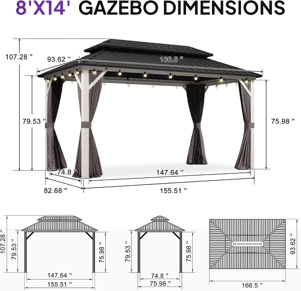 PURPLE LEAF 8' X 14' Outdoor Gazebo Galvanized Steel Double Roof White Aluminum Frame Hardtop Heavy Duty Gazebo with Curtain and Netting for Patio Garden and Backyard, Grey