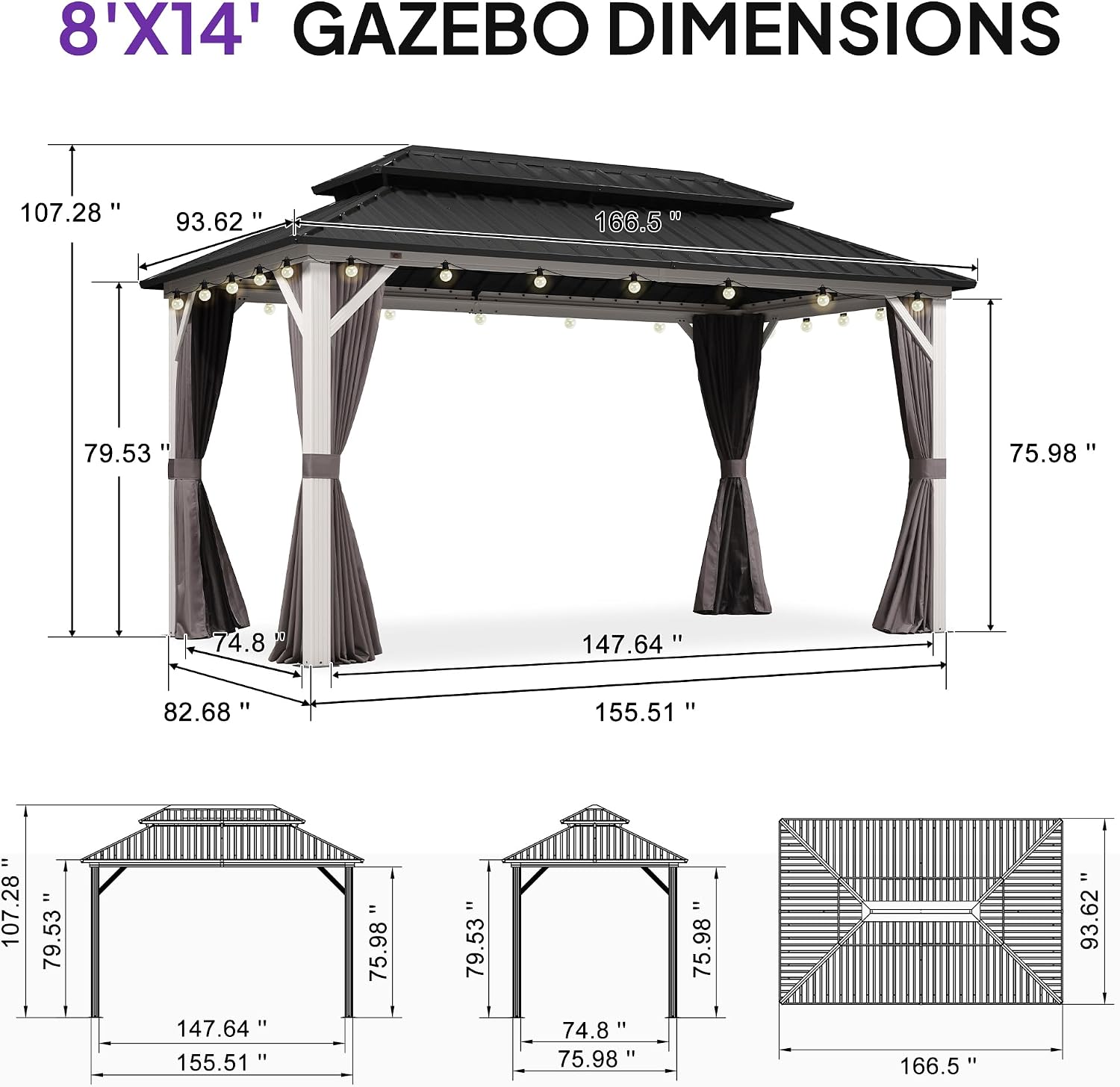 PURPLE LEAF 8' X 14' Outdoor Gazebo Galvanized Steel Double Roof White Aluminum Frame Hardtop Heavy Duty Gazebo with Curtain and Netting for Patio Garden and Backyard, Grey