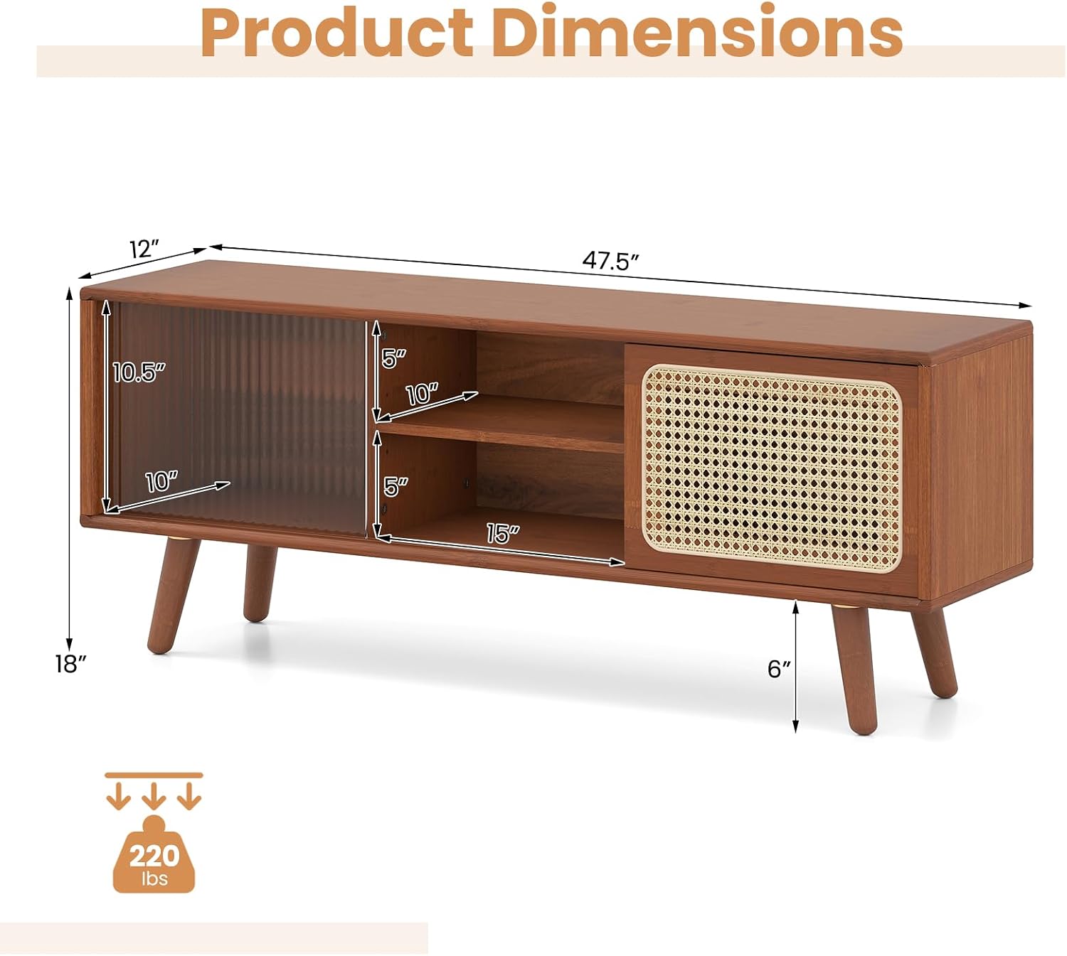 Tangkula Mid Century Modern TV Stand for TVs up to 55', Bamboo Entertainment Center w/PE Rattan & Tempered Glass Sliding Doors, Adjustable Shelf, Media Console for Living Room, Walnut