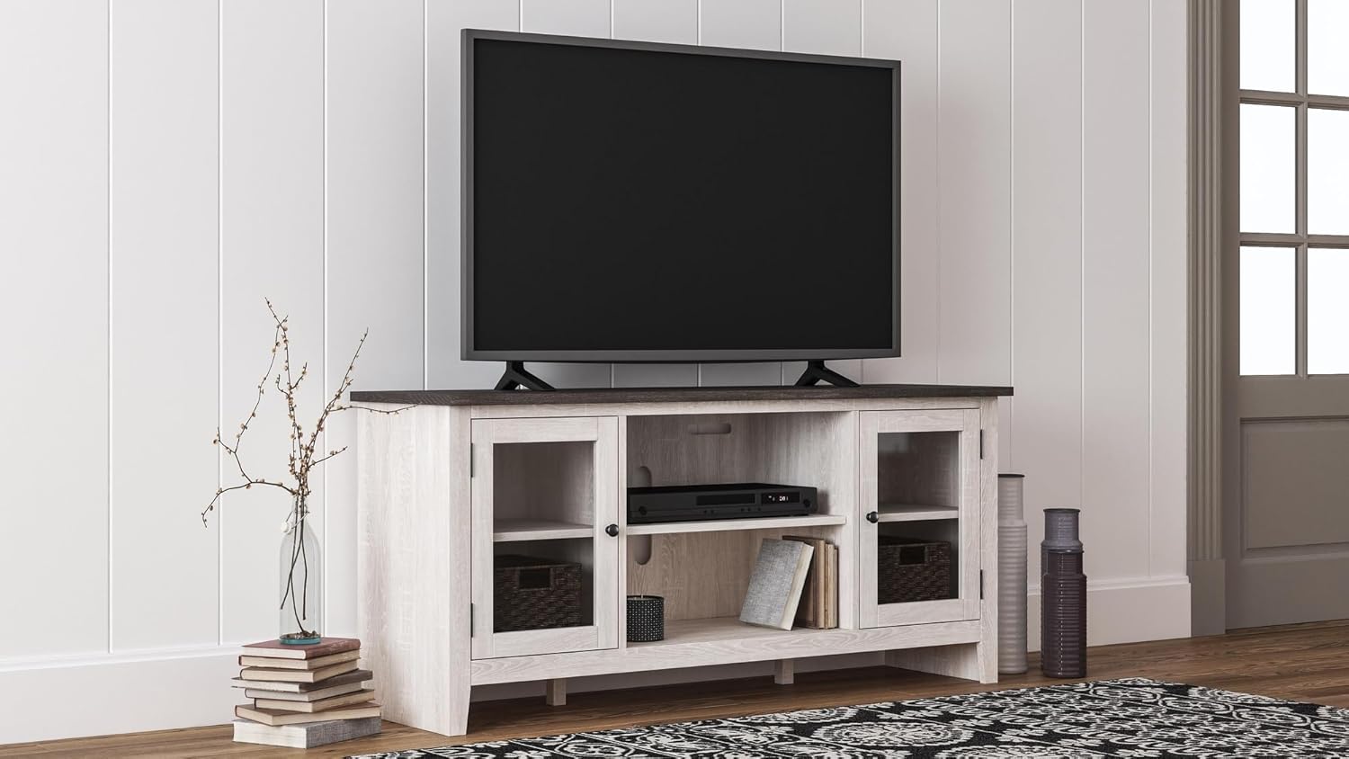 Signature Design by Ashley Dorrinson Farmhouse TV Stand with Fireplace Option, Fits TVs up to 58', Whitewash