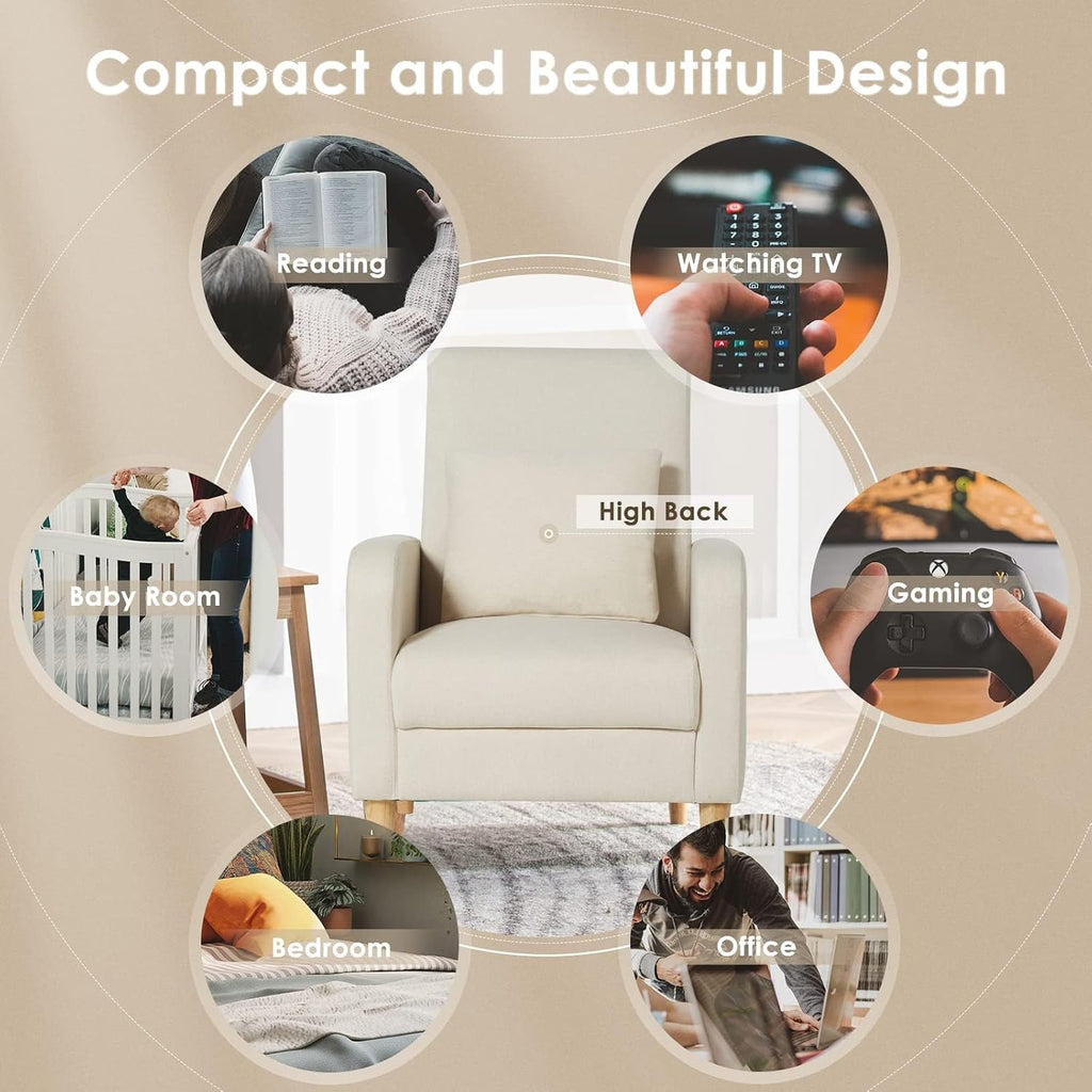 COLAMY Mid-Century Modern Upholstered Accent Chair with Back Pillow & Solid Wood Legs, Fabric Cozy Armchair for Living Room, Bedroom, Reading Nook, Apartment & Small Spaces, Beige