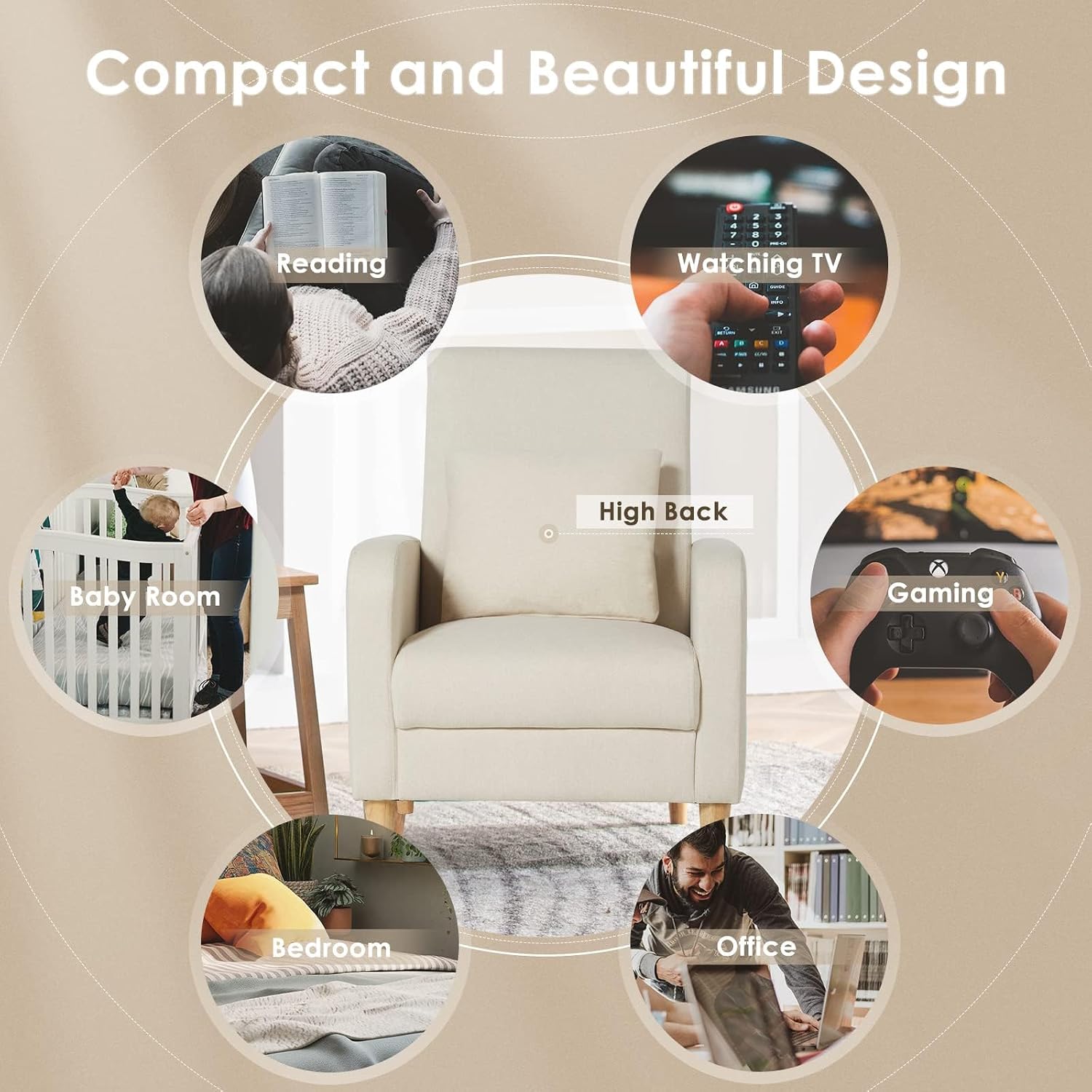 COLAMY Mid-Century Modern Upholstered Accent Chair with Back Pillow & Solid Wood Legs, Fabric Cozy Armchair for Living Room, Bedroom, Reading Nook, Apartment & Small Spaces, Beige
