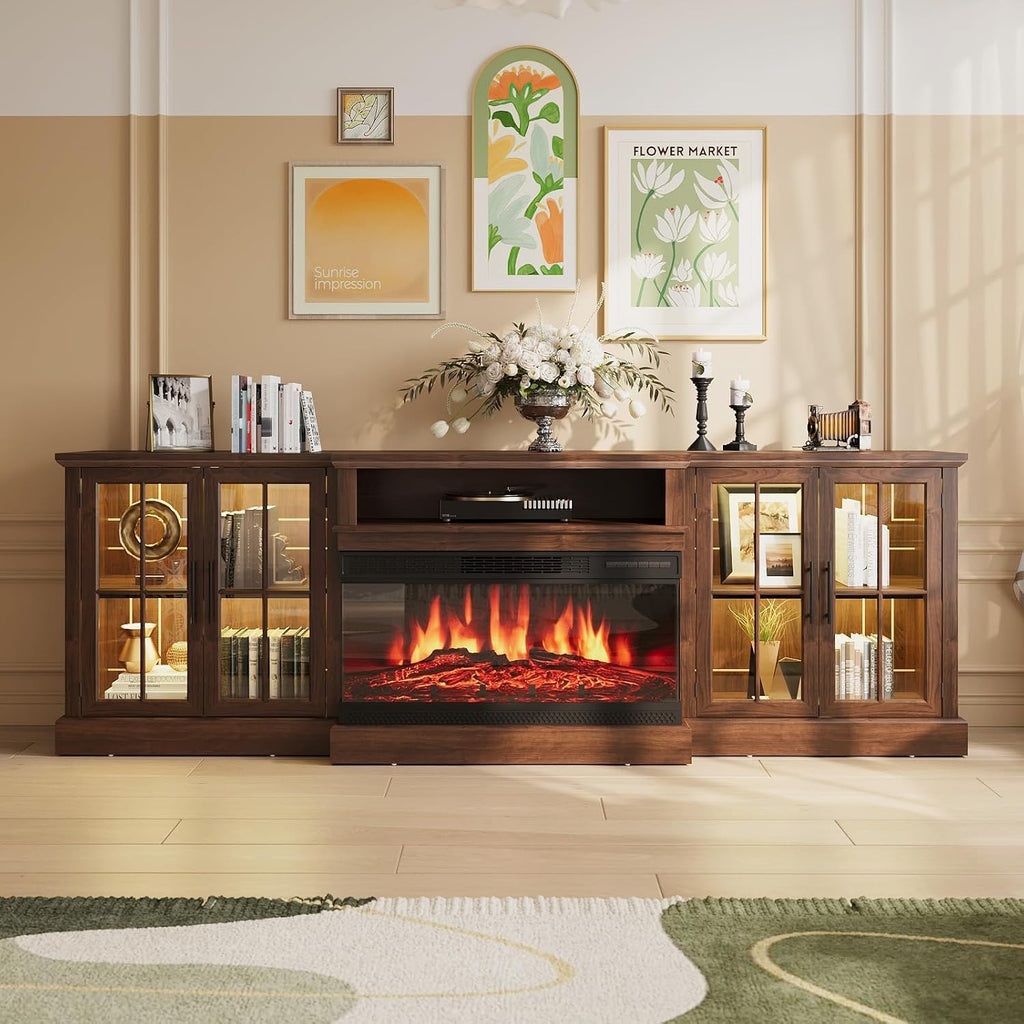 98' Farmhouse TV Stand with 36' Fireplace for TVs up to 100', Media Entertainment Center with Adjustable Shelves and Large Storage Cabinets, for Living Room, Brown & Black