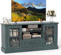 Tangkula Farmhouse TV Stand for TV up to 65 70 Inches, Tall Media Console Table with 2 Glass Storage Cabinets, 1 Drawer & 2 Open Shelves, Wooden Entertainment Center for Living Room (Vintage Green)
