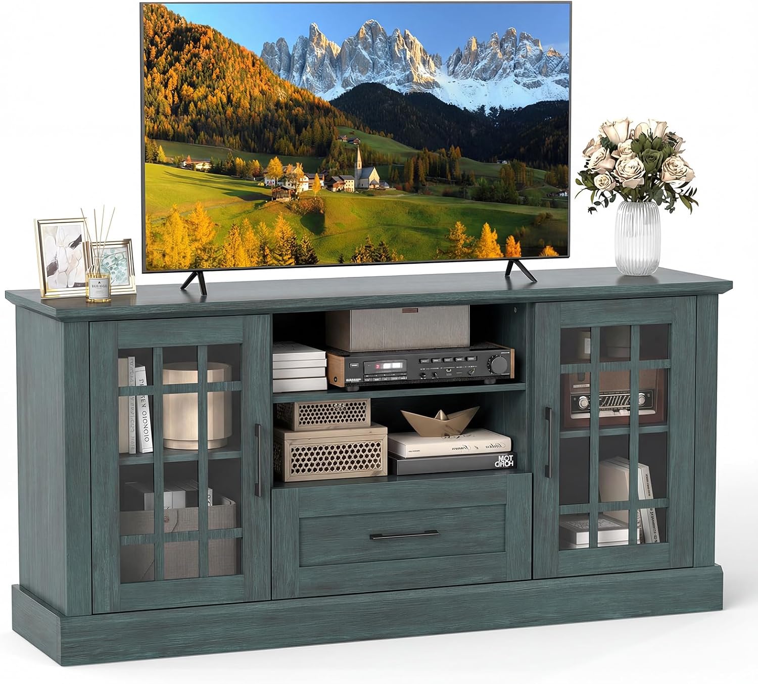 Tangkula Farmhouse TV Stand for TV up to 65 70 Inches, Tall Media Console Table with 2 Glass Storage Cabinets, 1 Drawer & 2 Open Shelves, Wooden Entertainment Center for Living Room (Vintage Green)