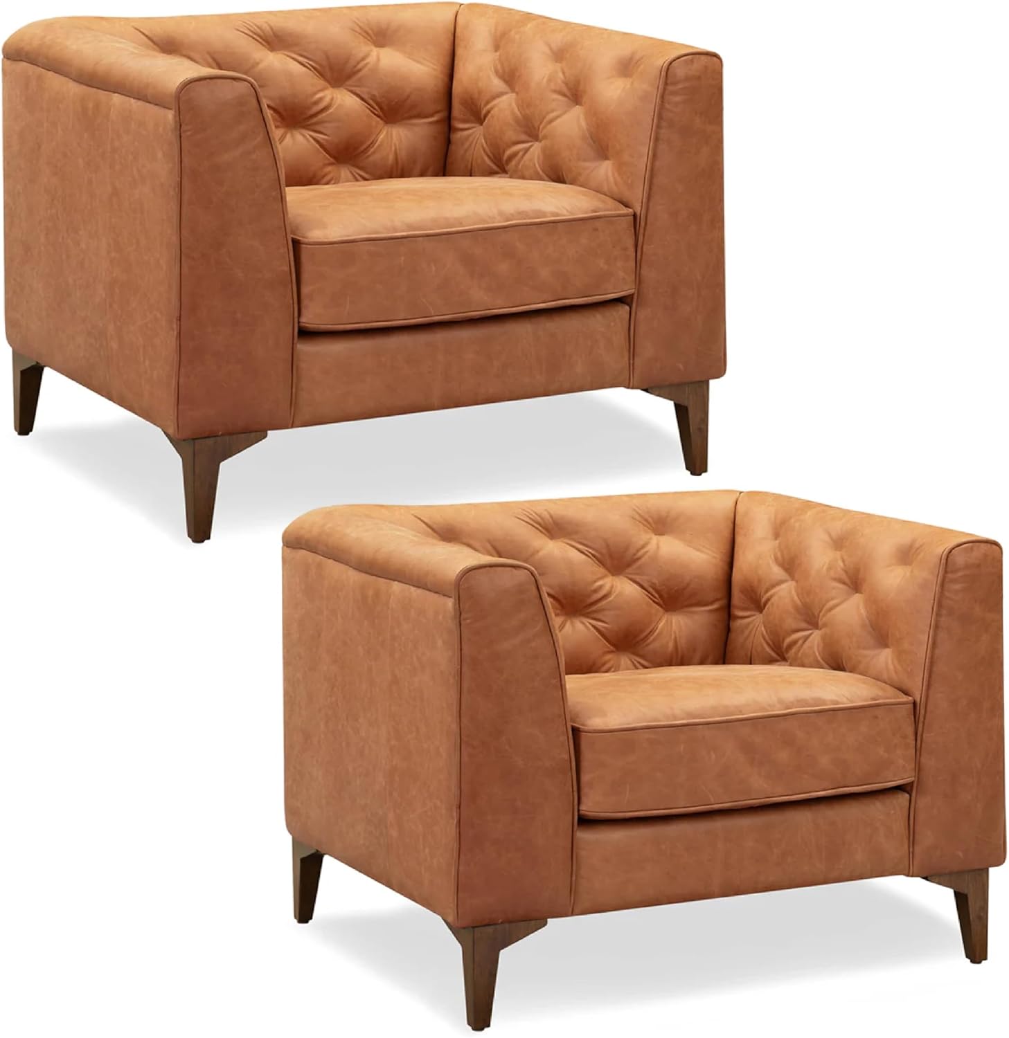 POLY & BARK Essex 40' Lounge Chairs Set of 2 – Cognac Tan Full-Grain Pure-Aniline or Semi-Aniline Italian Leather, Tufted Back & Arms, Feather-Down Cushions, Walnut Wood Legs