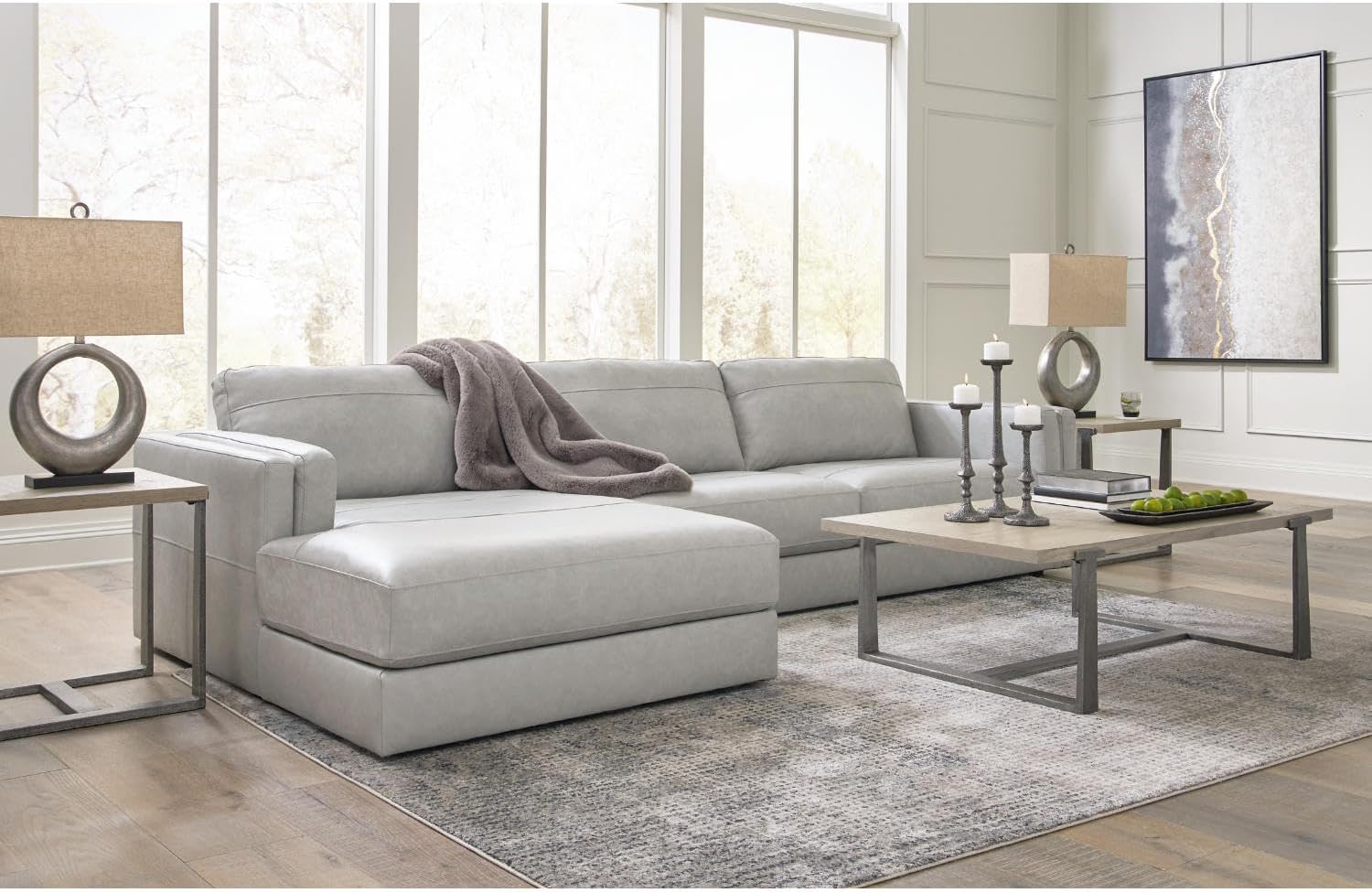 Signature Design by Ashley Amiata Modern L-Shaped Left-Arm Facing Leather Match 2-Piece Sectional with Chaise, Light Gray