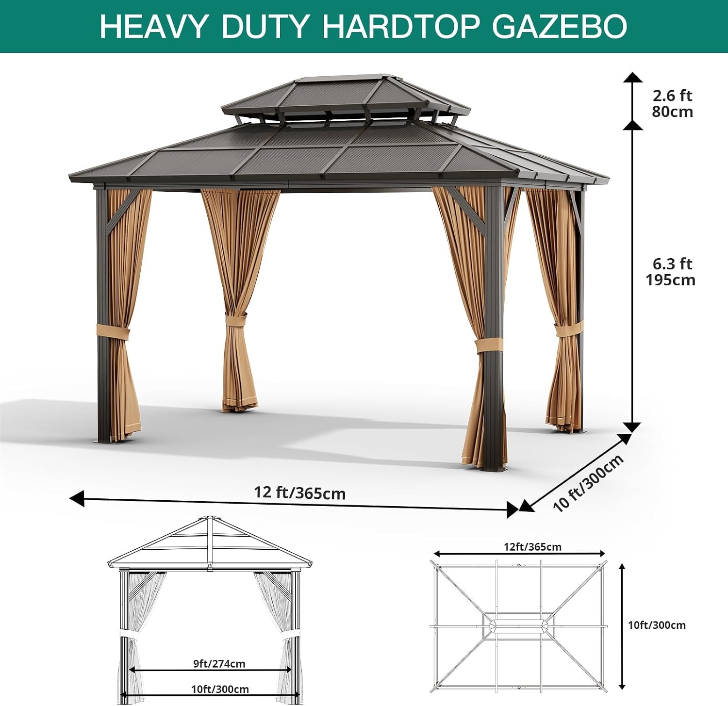 Hardtop Gazebo, 10'x13' Double-Layer Galvanized Steel Roof Gazebo, All-Season Aluminum Frame Pavilion with Privacy Curtains and Netting for Patio, Garden, Hot Tub & Backyard
