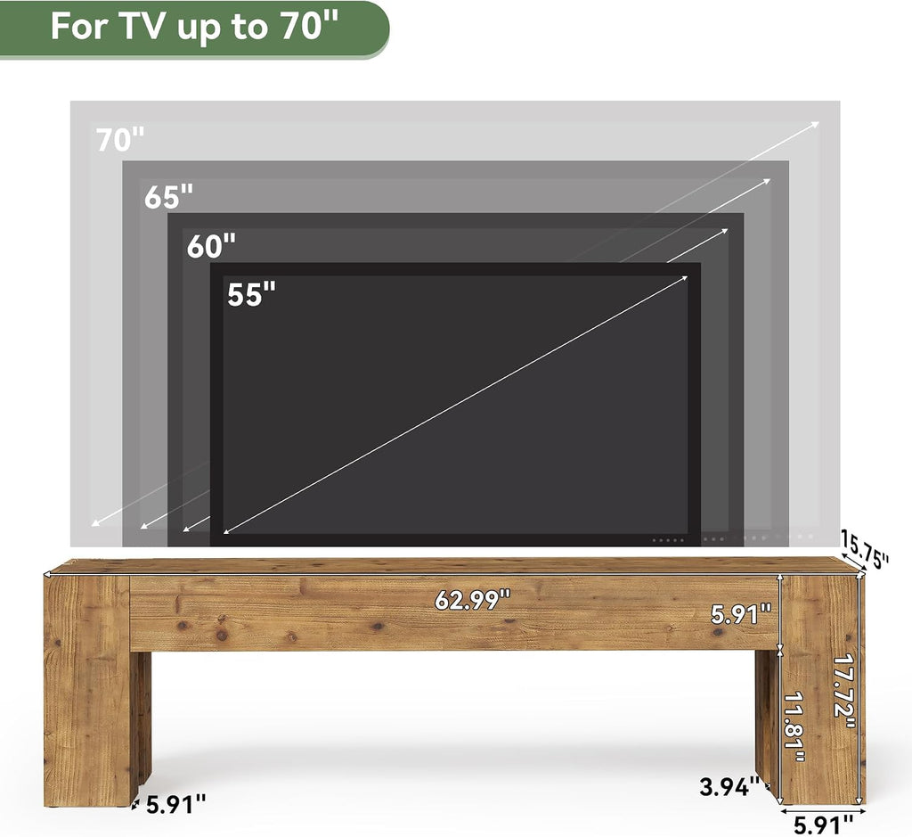 Solid Wood TV Stand, 63' Rustic Extra Long Heavy Duty Media TV Consoles Table with Sturdy Frame for Living Room Gaming Entertainment Center for TVs up to 70 Inches (Walnut)
