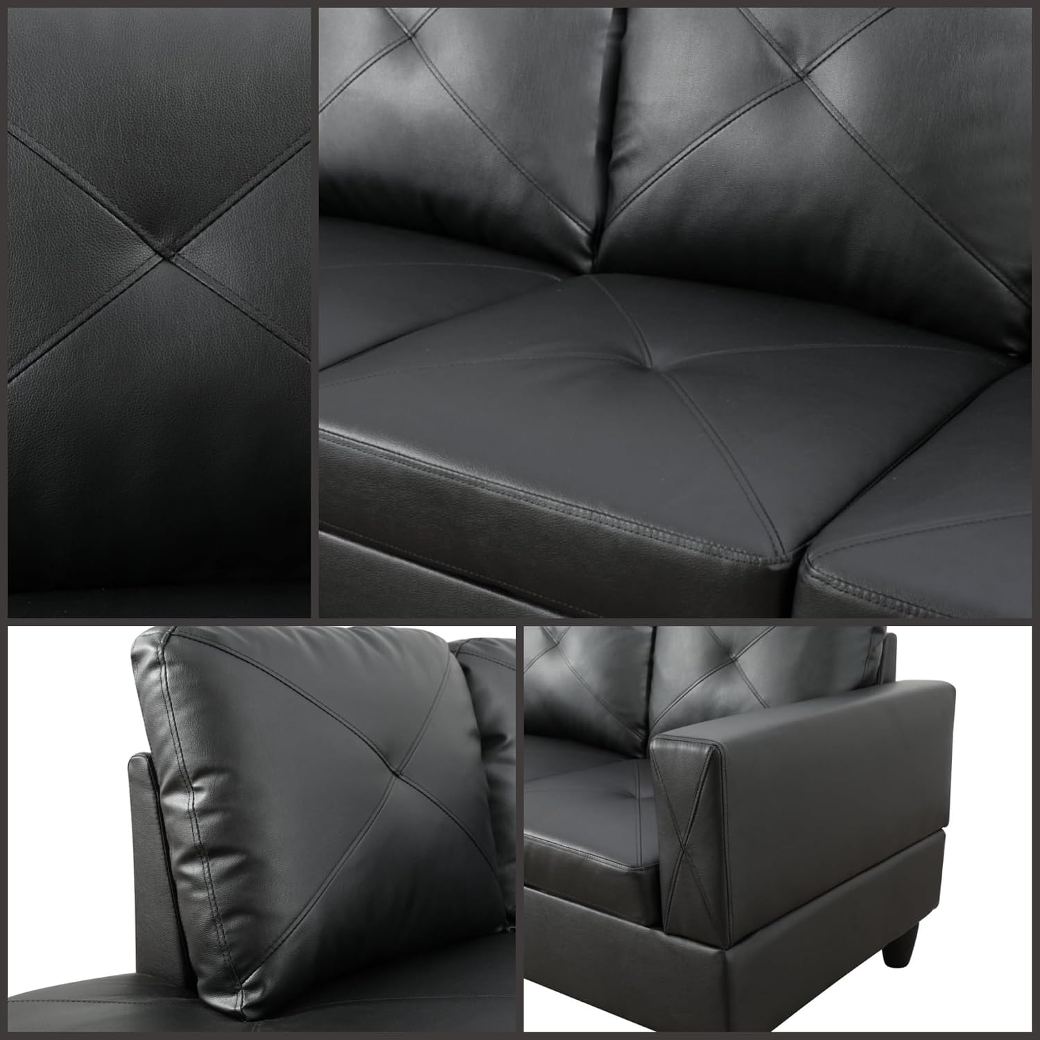 Sectional L-Shaped Couches for Living Room, Modular Convertible Sofa with Movable Chaise for Apartment & Bedroom, Modern 4-Seater Couch Living Room Sets Furniture, Black