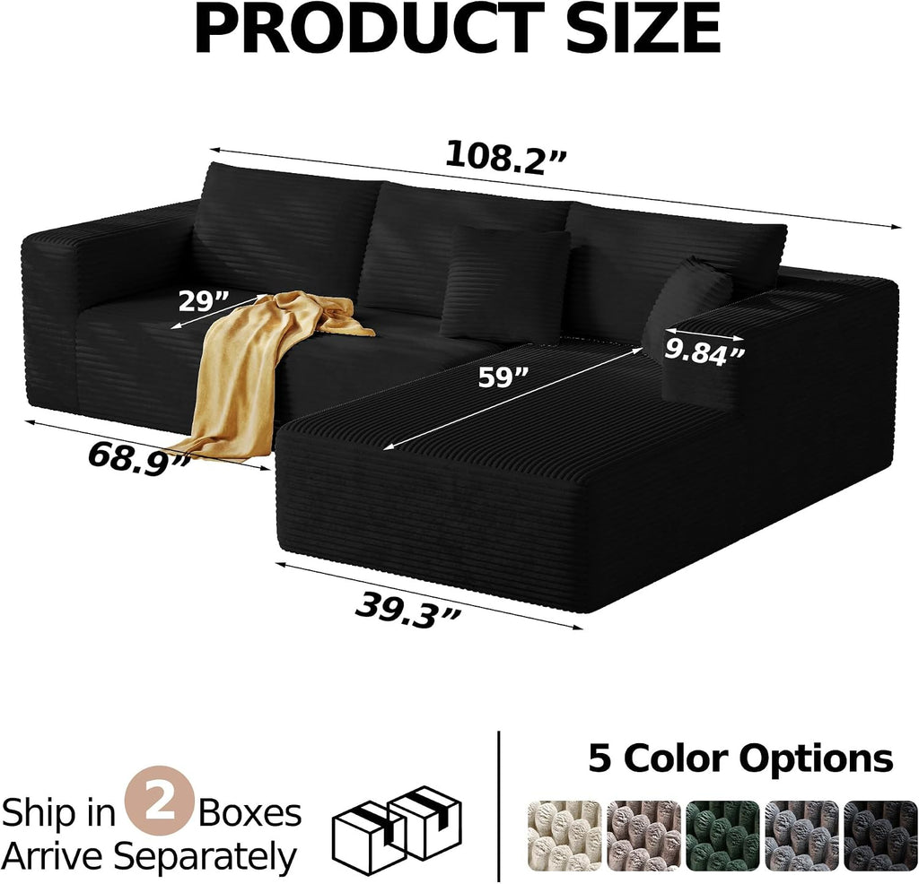 CHORRO108''Sectional Boneless Cloud Sofa,Modern Modular L-Shape Couch for Living Room,Corduroy Convertible Sponge Sleeper Sofas,Upholstered Lougne Chaise Couchs-with Soft Pillow (Black, Lshaped-Right)