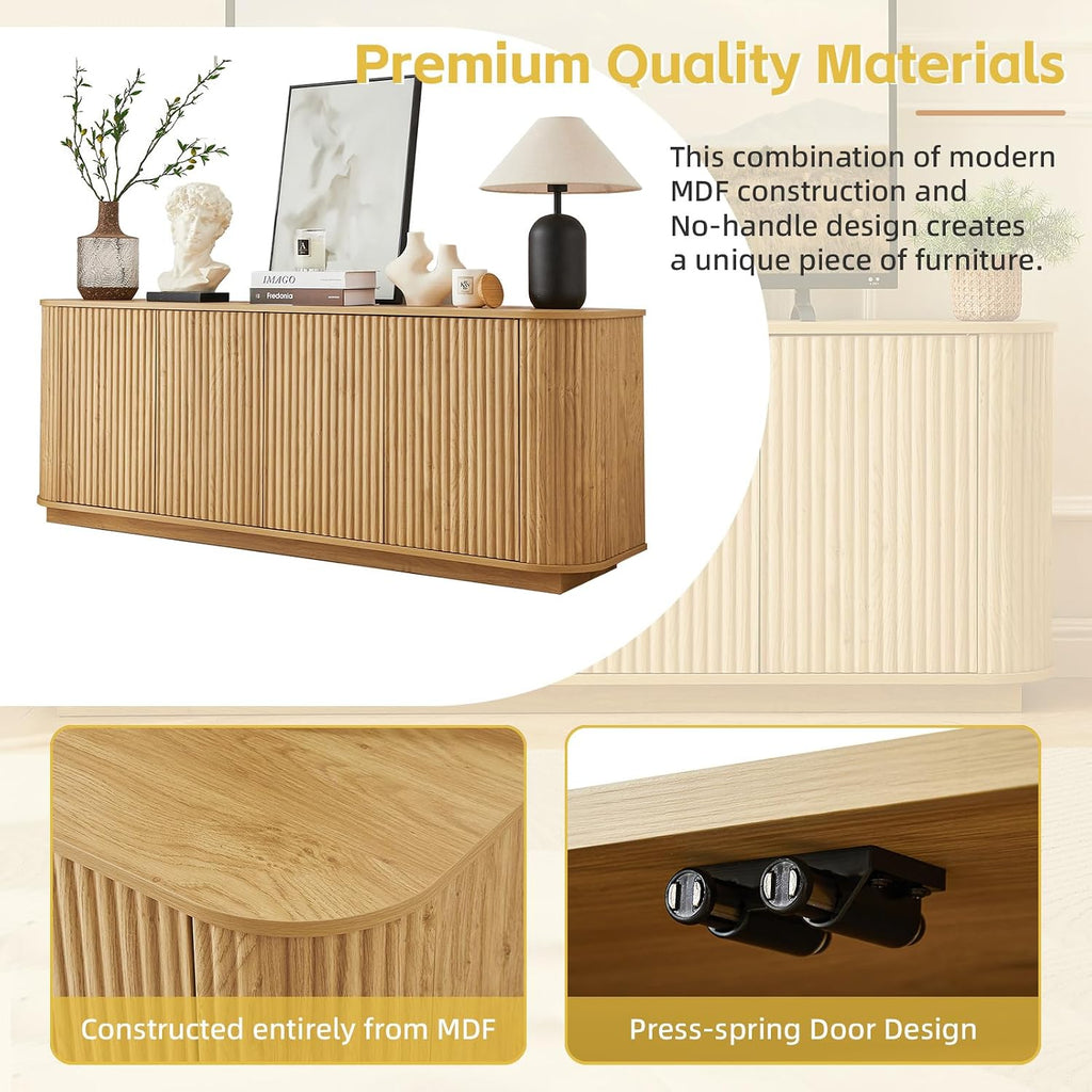 Fluted TV Stand for TVs Up to 75 Inch, Mid Century Modern TV Console for Living Room, Entertainment Center with Storage, Wood Media Console Cabinet with Rounded Corner