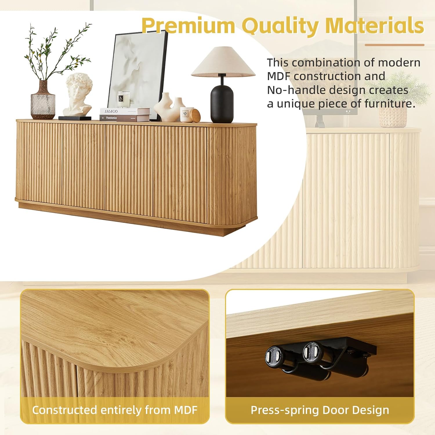Fluted TV Stand for TVs Up to 75 Inch, Mid Century Modern TV Console for Living Room, Entertainment Center with Storage, Wood Media Console Cabinet with Rounded Corner