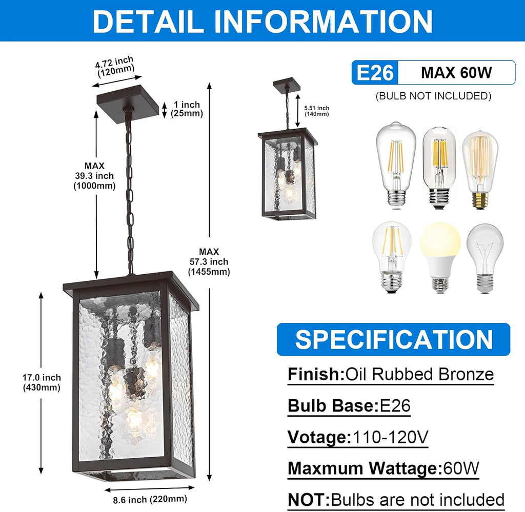 17'' Large Outdoor Indoor Pendant Light 3-Lights, Modern Oil Rubbed Bronze Exterior Hanging Porch Pendant Light with Hammer Glass, Outdoor Ceiling Lights for Front Entryway Gazebo Patio
