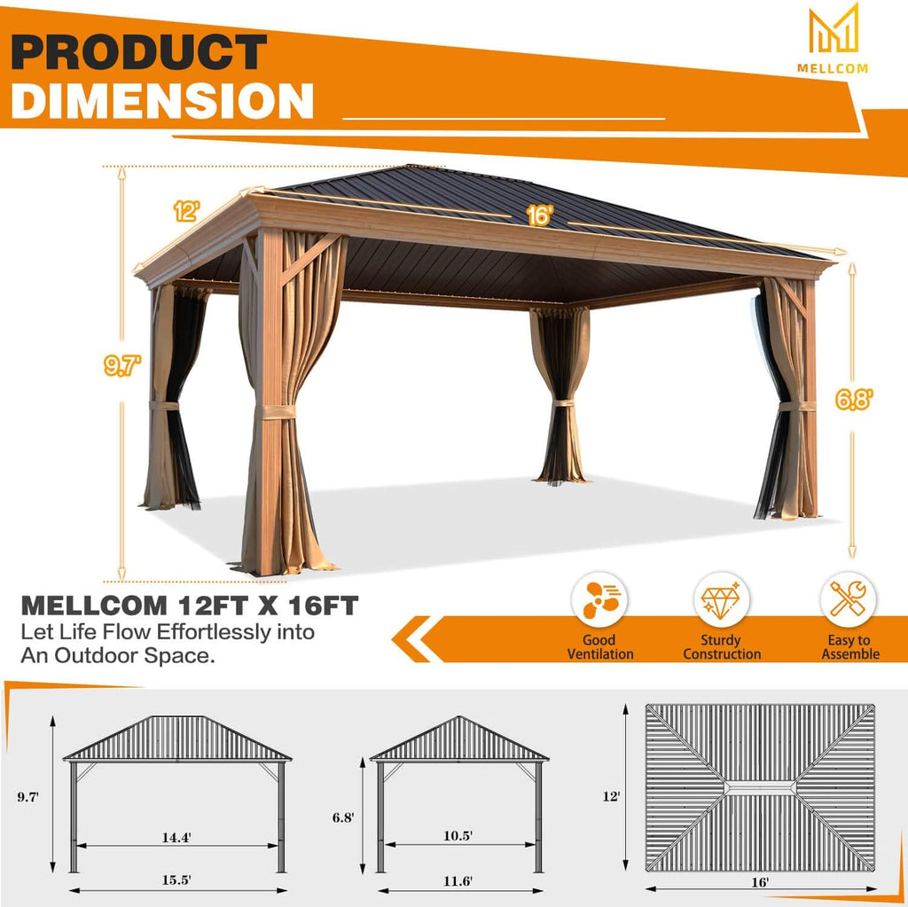 MELLCOM 12'x16' Gazebo, Wood Looking Gazebo with Aluminum Frame and Single Galvanized Steel Roof, Outdoor Permanent Metal Pavilion with Curtains and Nettings for Deck, Backyard and Patio