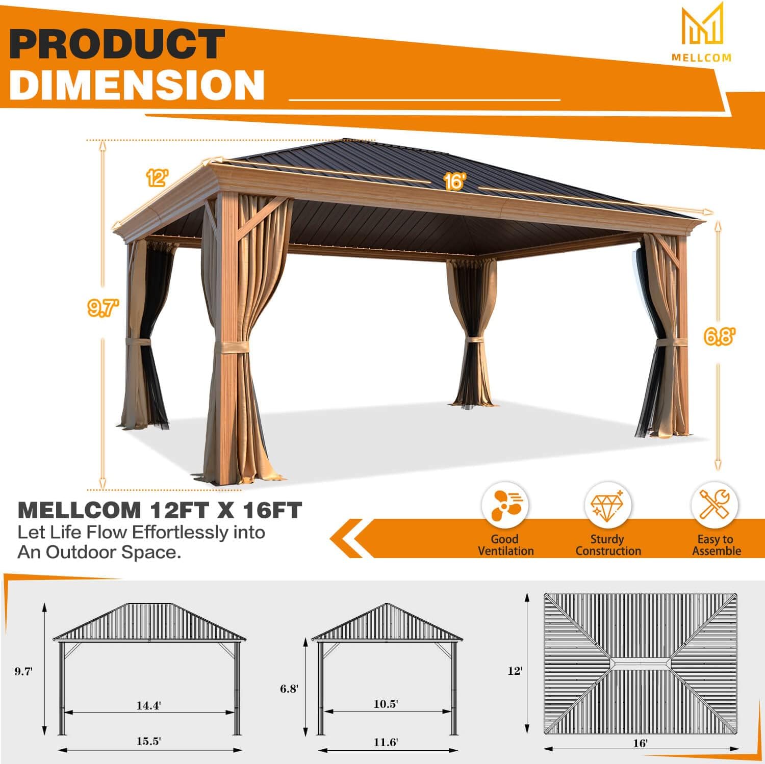 MELLCOM 12'x16' Gazebo, Wood Looking Gazebo with Aluminum Frame and Single Galvanized Steel Roof, Outdoor Permanent Metal Pavilion with Curtains and Nettings for Deck, Backyard and Patio