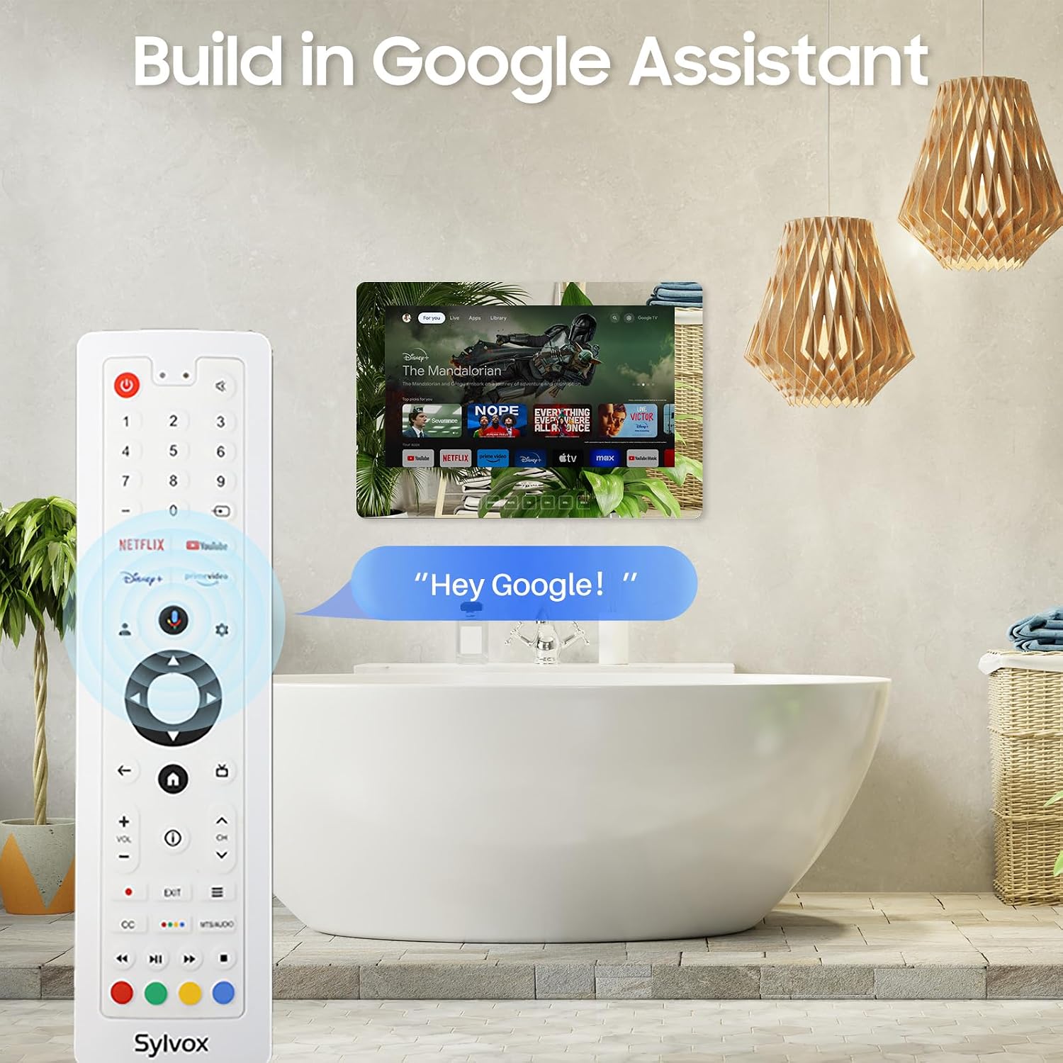 SYLVOX 32 inch Bathroom TV, 1080P Mirror Television with Google OS NTSC & ATSC Tuner WiFi Bluetooth Voice Remote, IP66 Waterproof Magic TV for Bathroom Bathtub Hotel Shower Spa (Wall Mount)