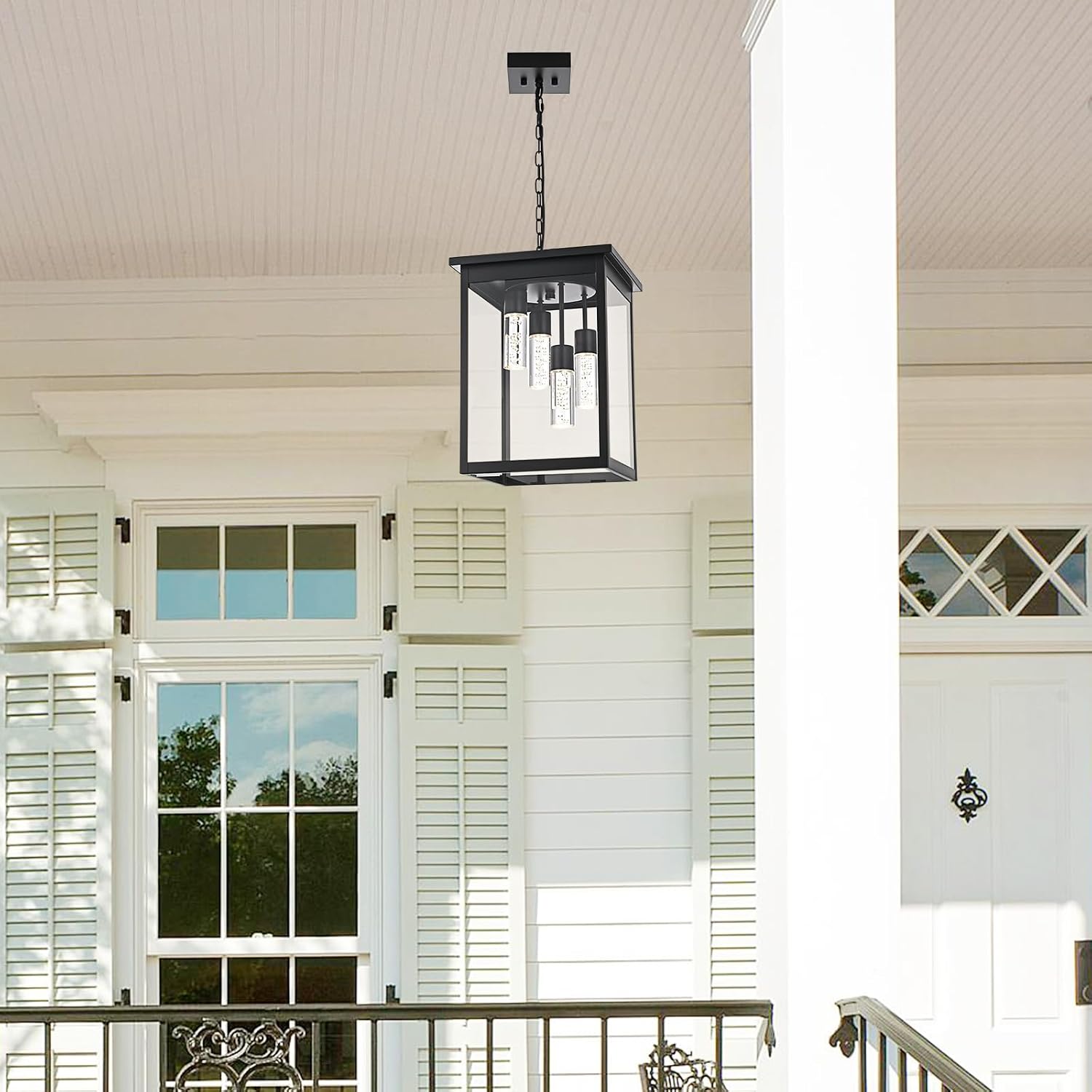 Yaohong 16.7' Large 5CCT LED Outdoor Pendant Light, 4-Lights Modern Black Hanging Ceiling Fixture with Acrylic Column & Clear Glass, Weatherproof Chandelier for Porch Gazebo Patio Entryway
