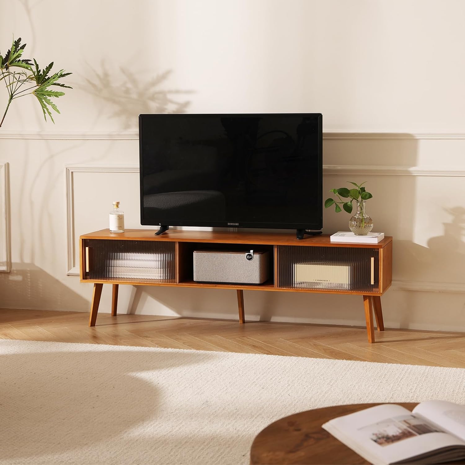 Baveke Bamboo TV Stand Entertainment Center tv Console, Mid-Century Modern Television Stand for 55-65 inch TVs, Wood TV Stand with Storage, Tv Stands for Living Room, Bedroom and Home Decor, Brown