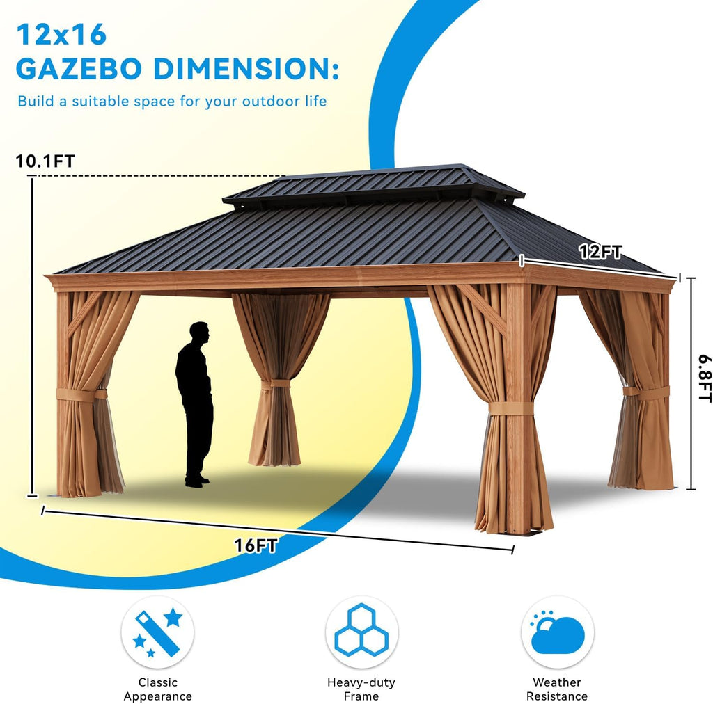 12' x 16' Hardtop Gazebo, Double Galvanized Steel Roof, Permanent Aluminum Pavilion with Privacy Curtains and Mosquito Netting, Durable Outdoor Metal Gazebo for Parties, Gardens and Lawns
